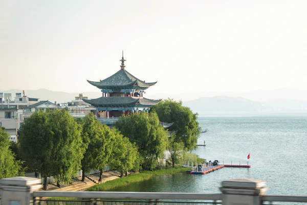 Traditional lakeside architecture in Yunnan