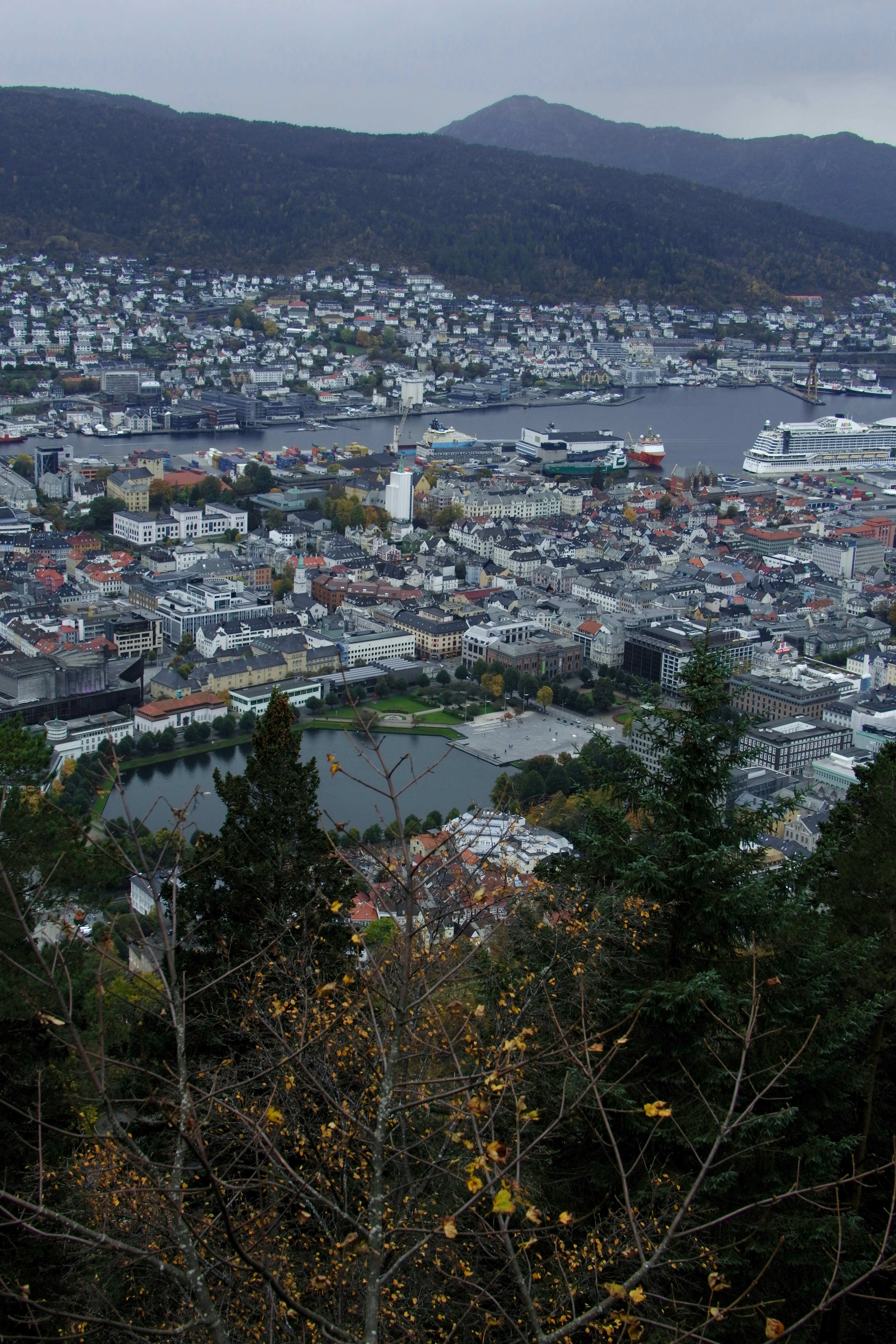 A city spreads beside the water and hills.