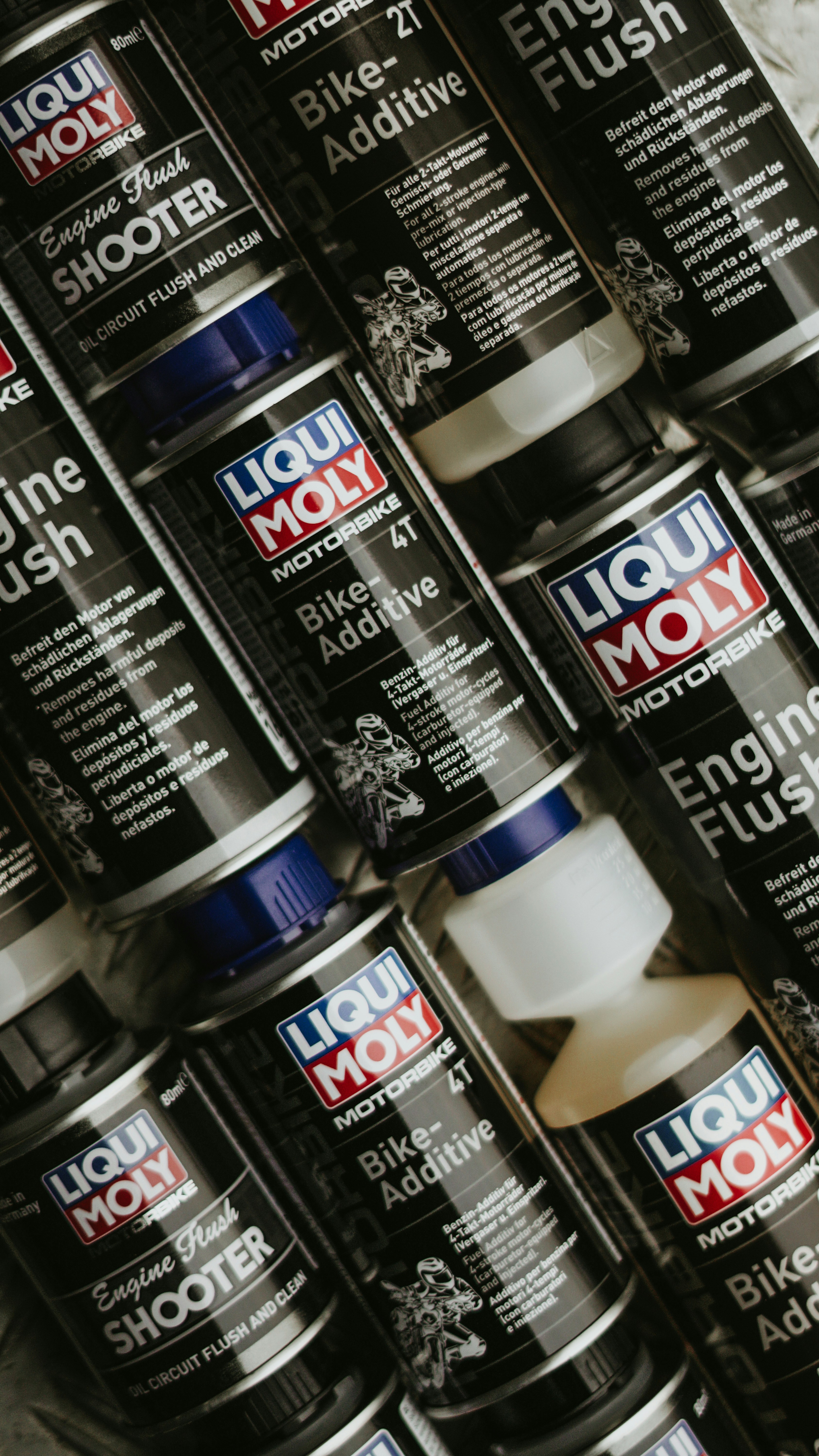 Liqui moly motorbike additives and engine flush bottles.