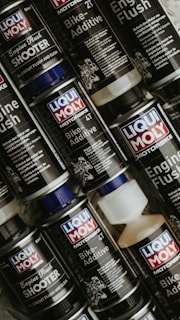 Liqui moly motorbike additives and engine flush bottles.
