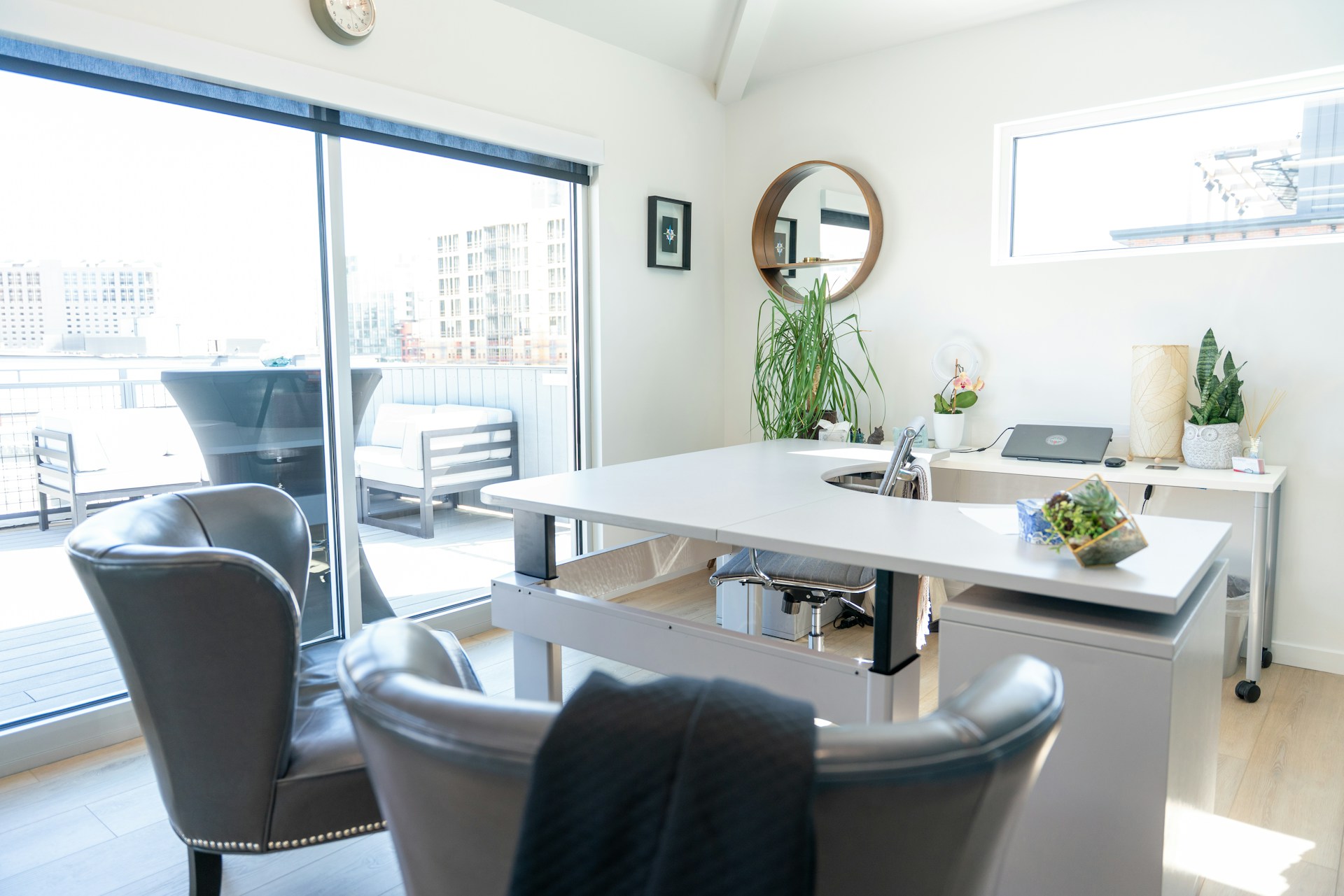 Modern office space with a bright, sunny interior.