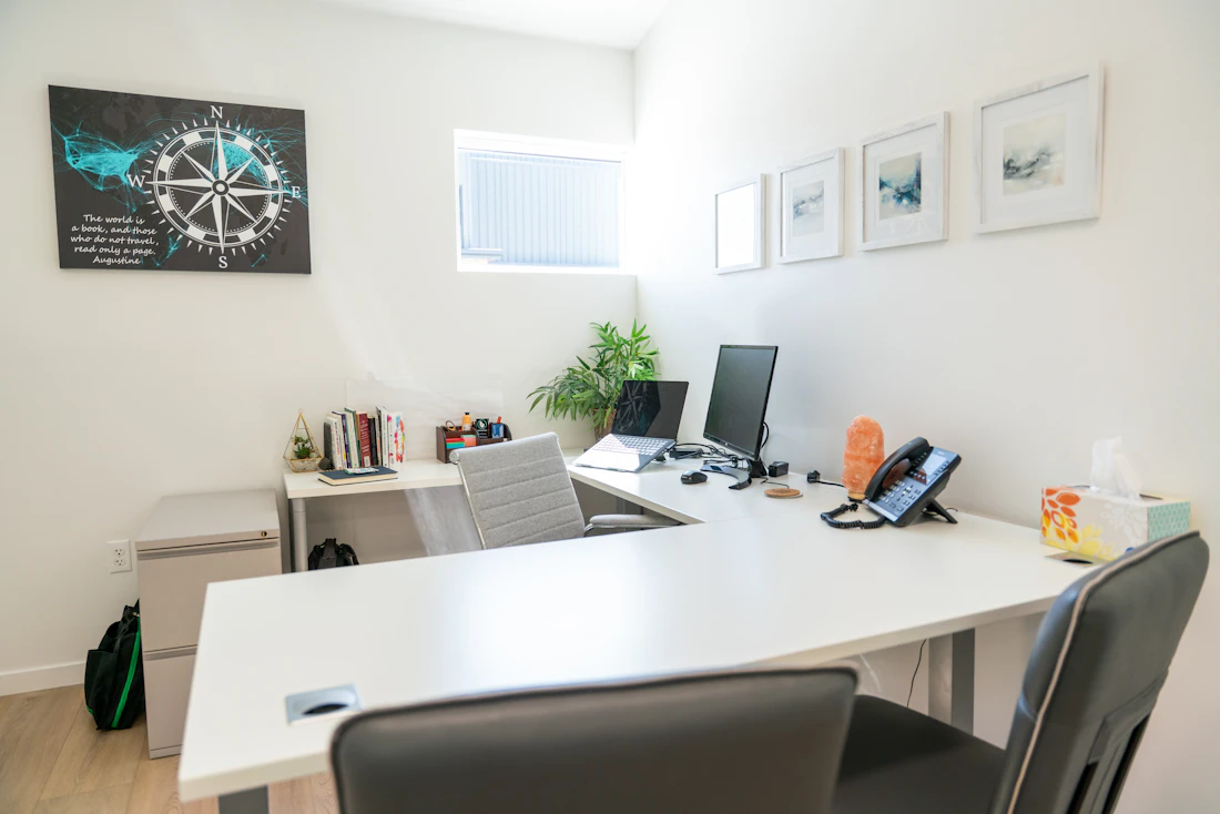Modern office workspace with computer and organized desk setup