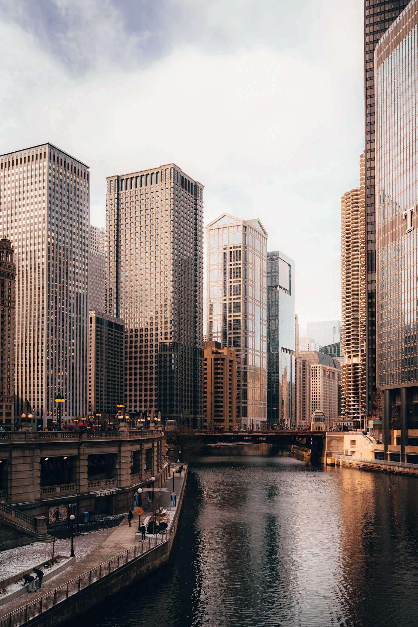 Chicago River framed by downtown skyscrapers