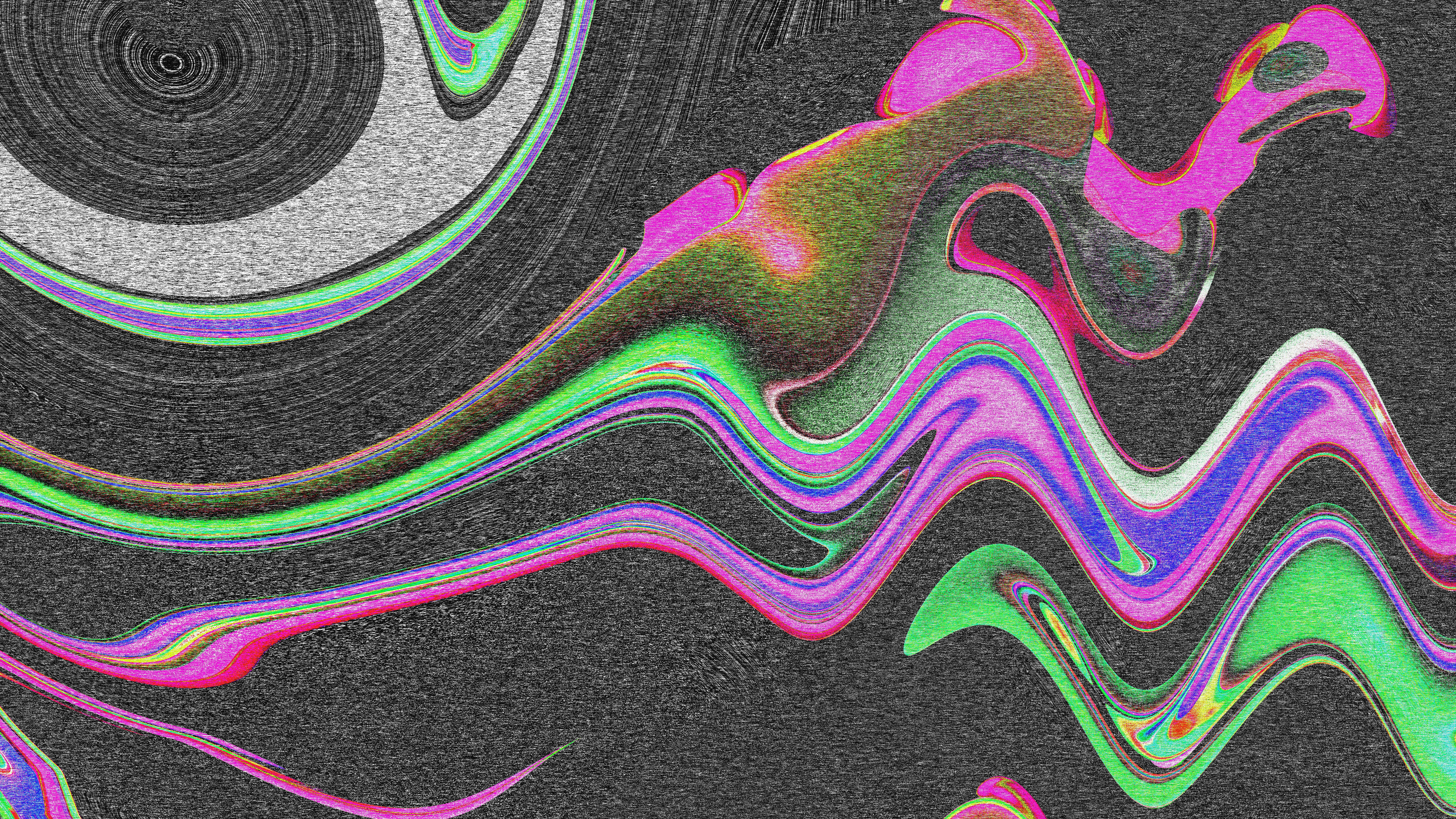 Abstract, wavy, colorful shapes against a textured background.