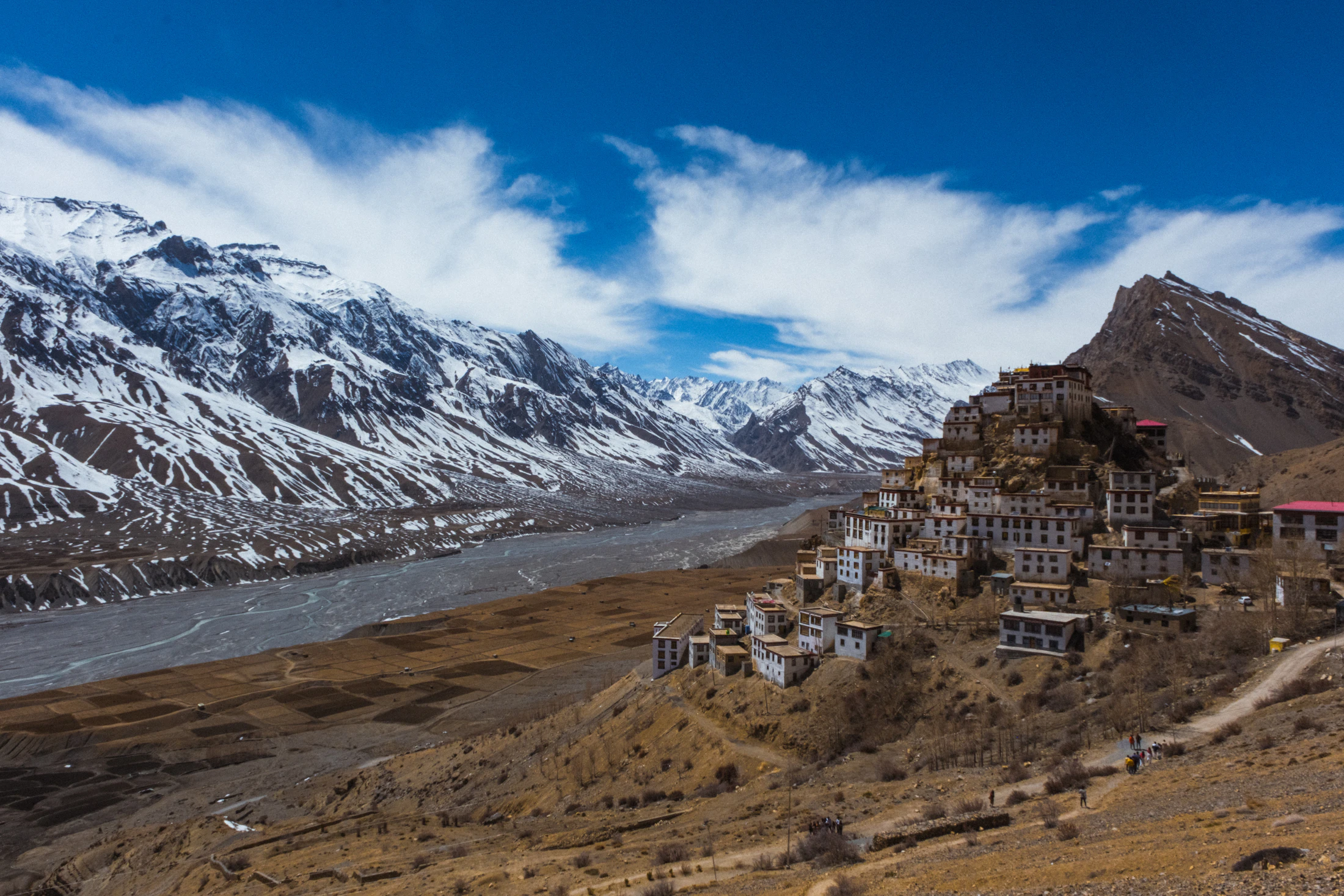 Key Monastery on its conical hill above the braided Spiti river and snow-dusted ranges