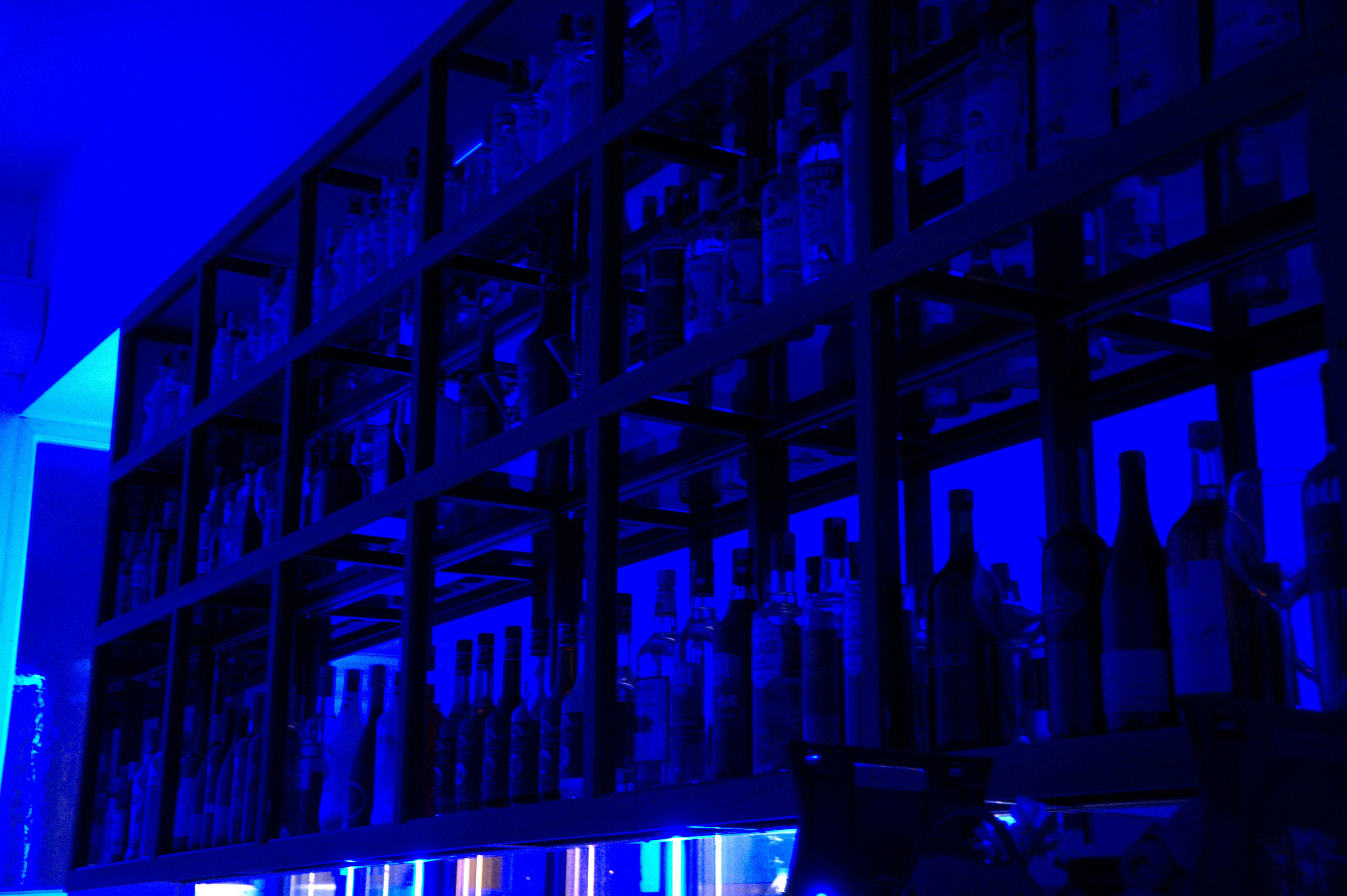 Shelves of bottles glow under blue light.