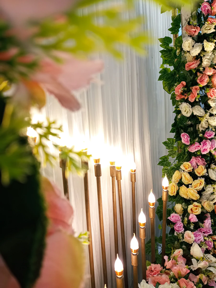Floral decorations lit with warm lights