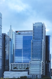Skyscrapers and cloudy sky dominate the city view.