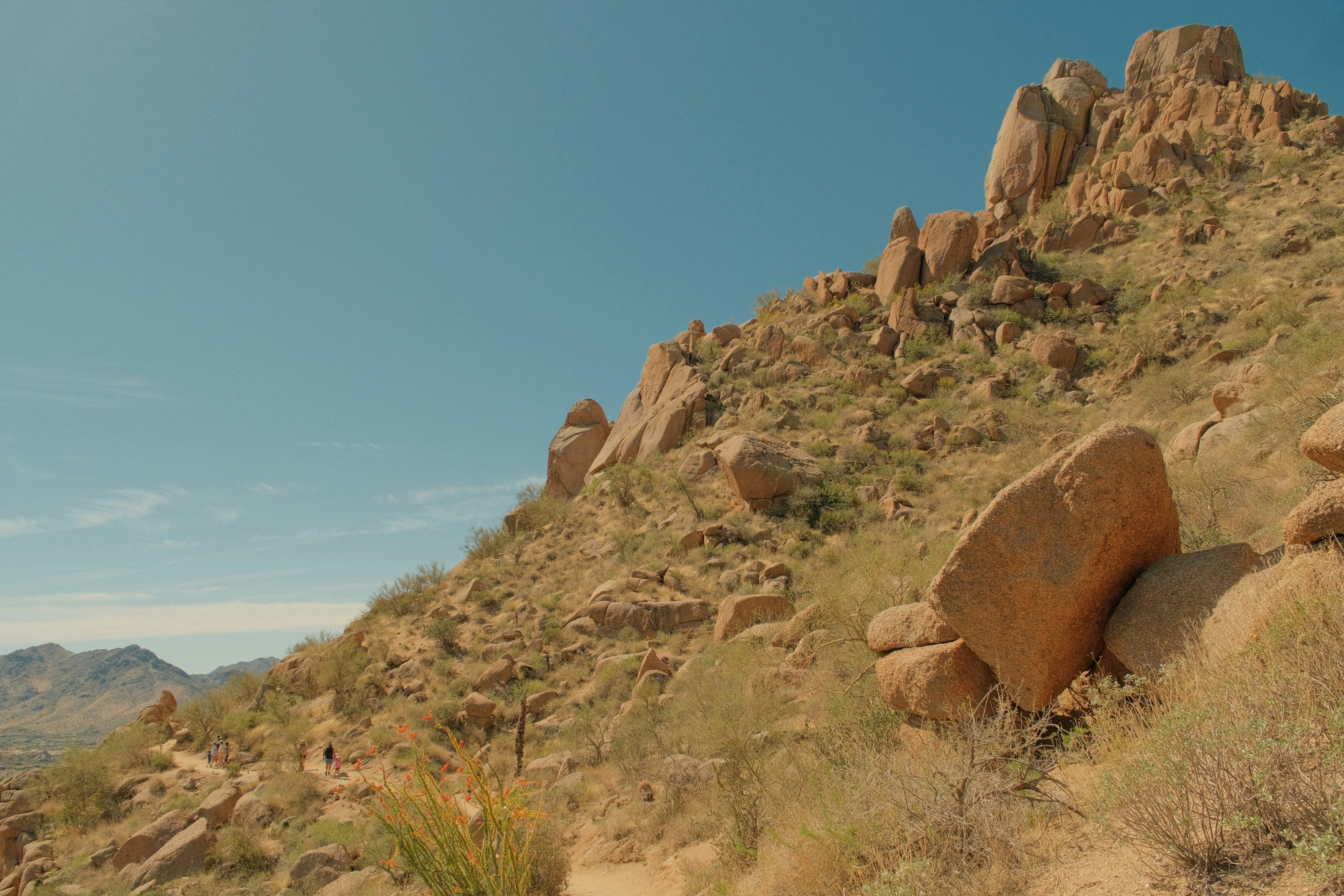 Rocky terrain and a clear blue sky.
