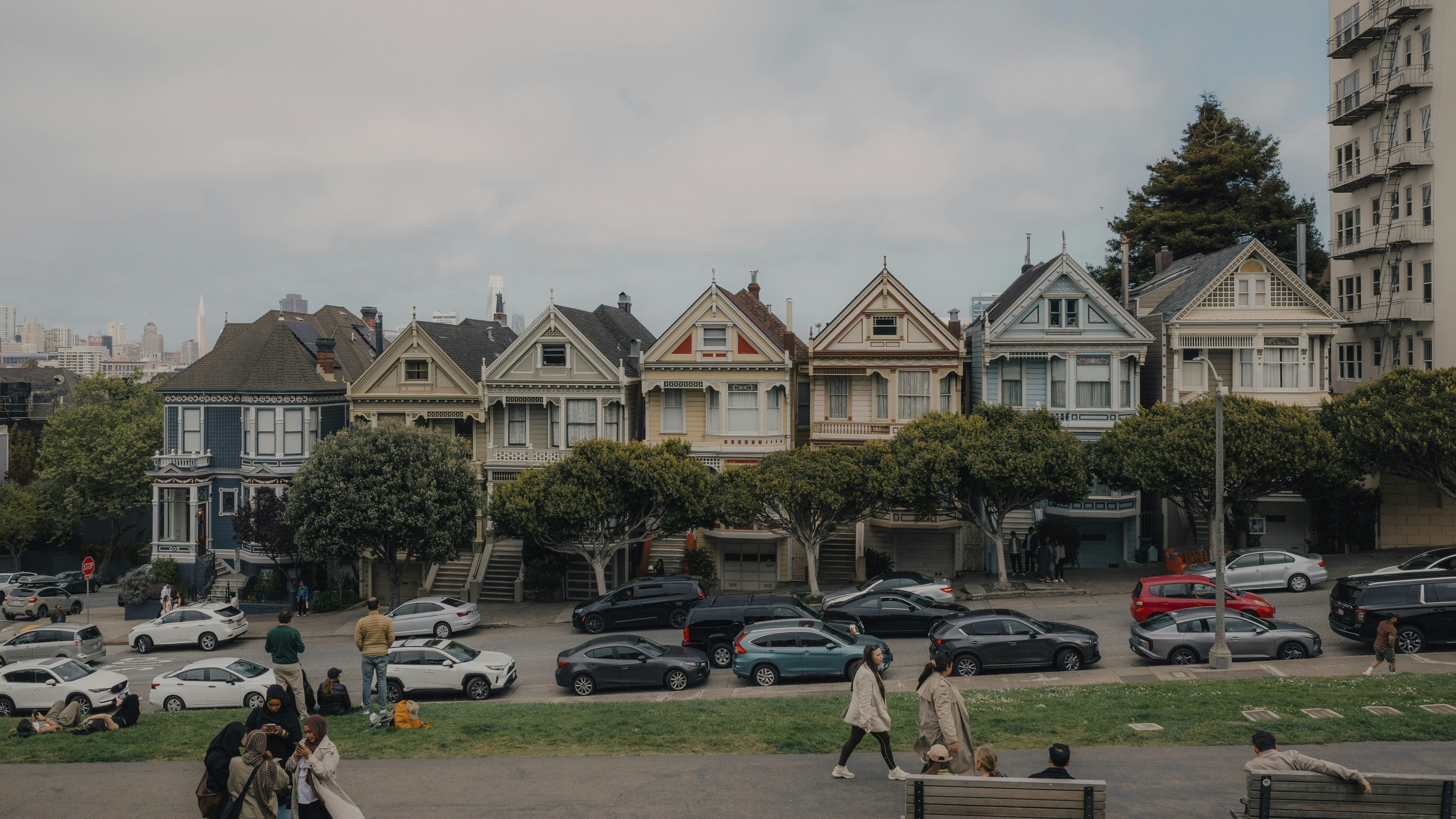 The painted ladies victorian houses stand proudly.