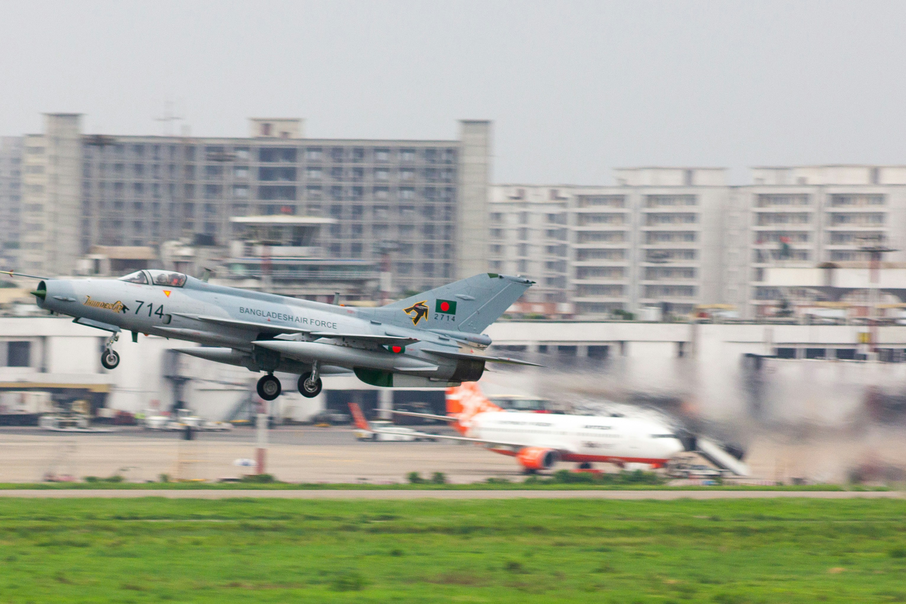 A jet takes off from the runway.