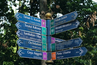 Directional signs point the way in the garden.