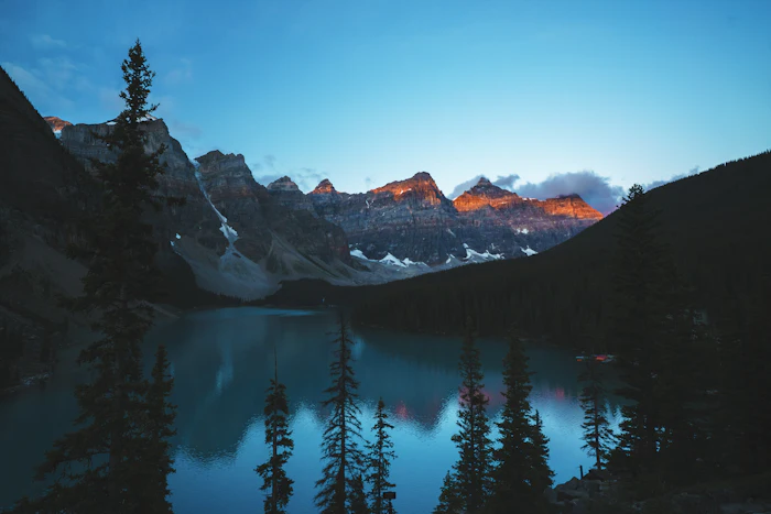 Turquoise mountain lake at sunrise
