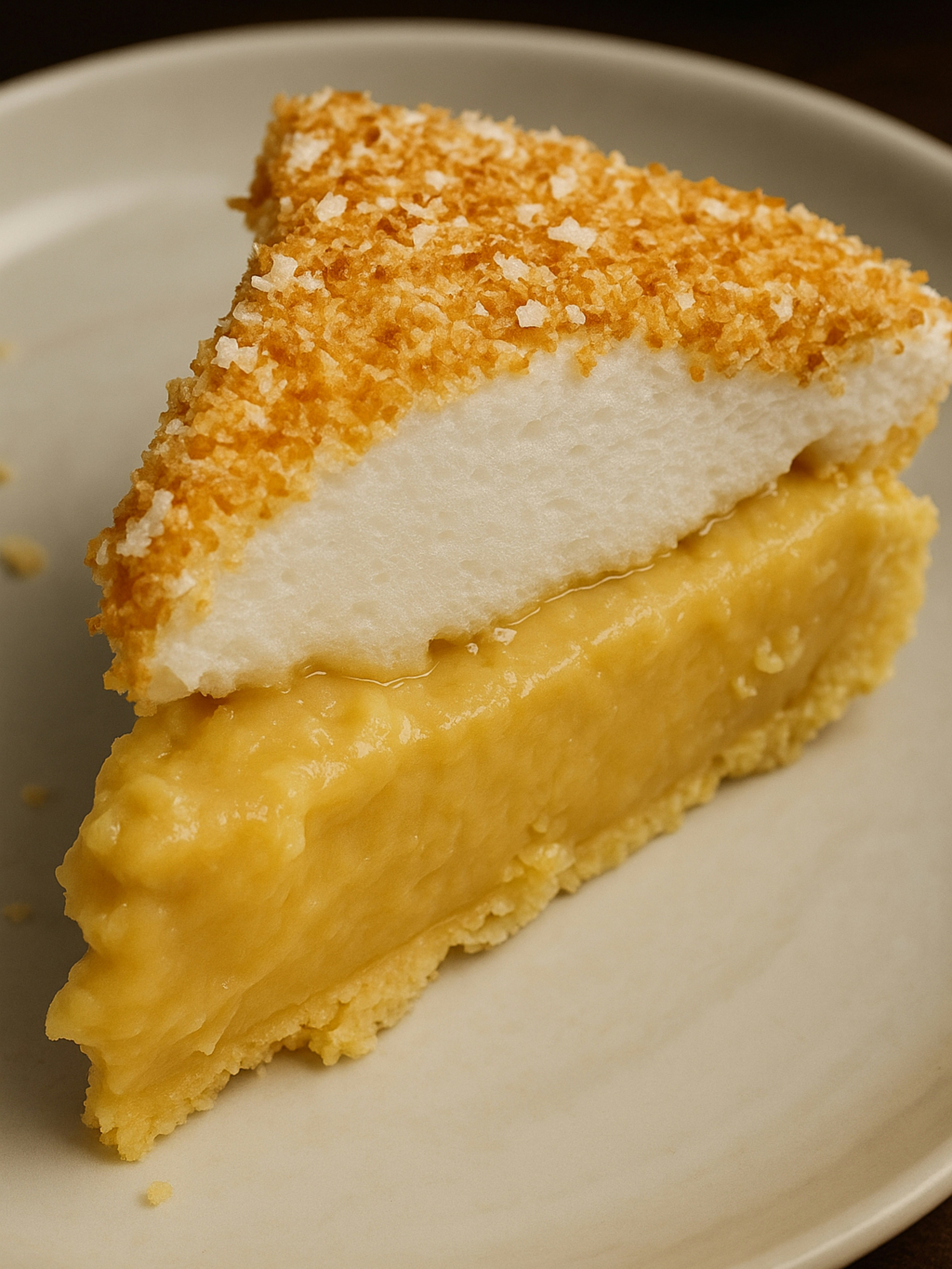 Here is a caption for the image: lemon meringue pie slice on a plate.