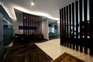 Modern office interior with decorative wood dividers.