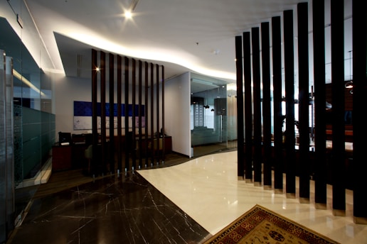 Modern office interior with decorative wood dividers.