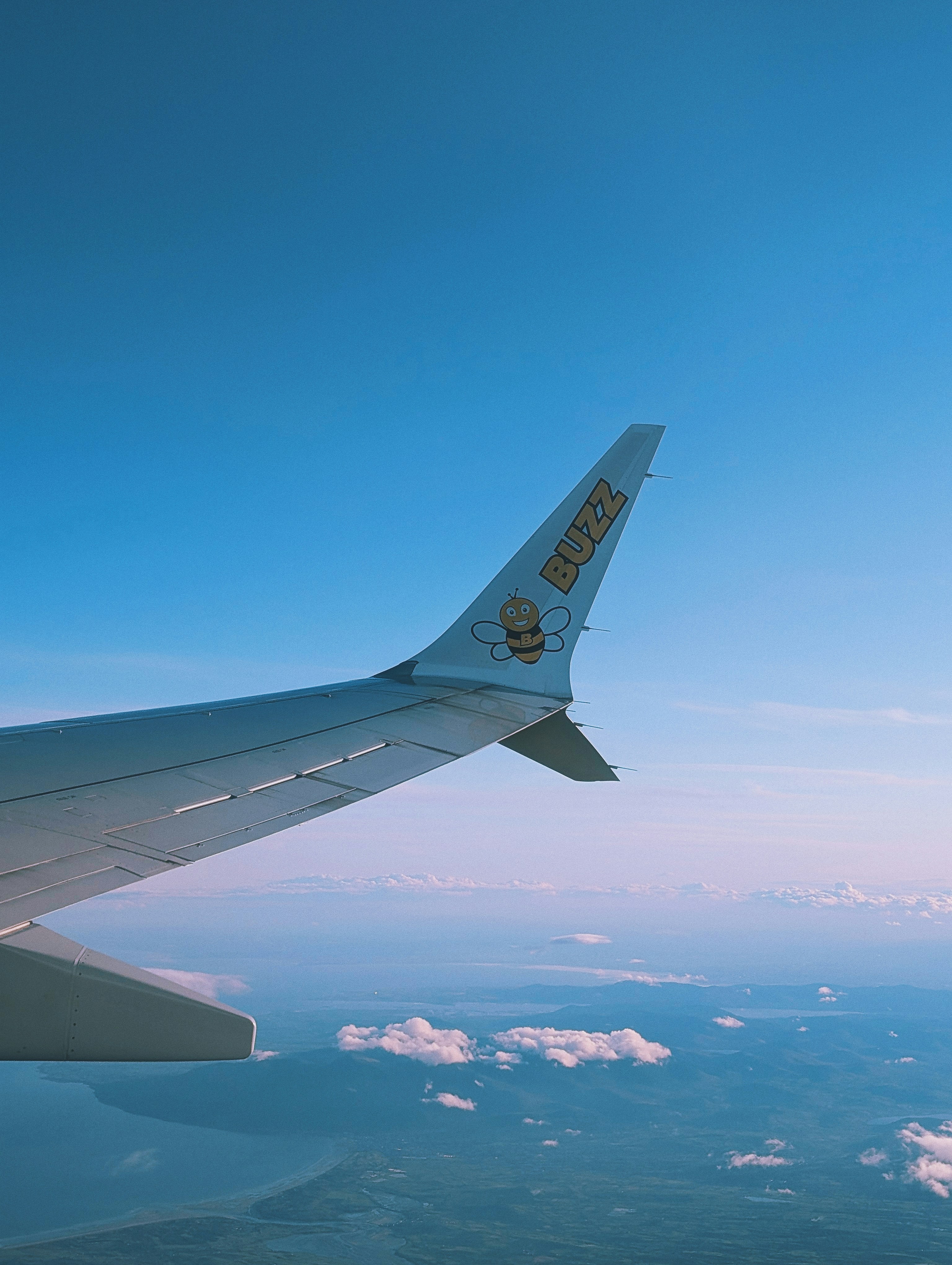 Uma asa de avião voa através de um céu azul brilhante.