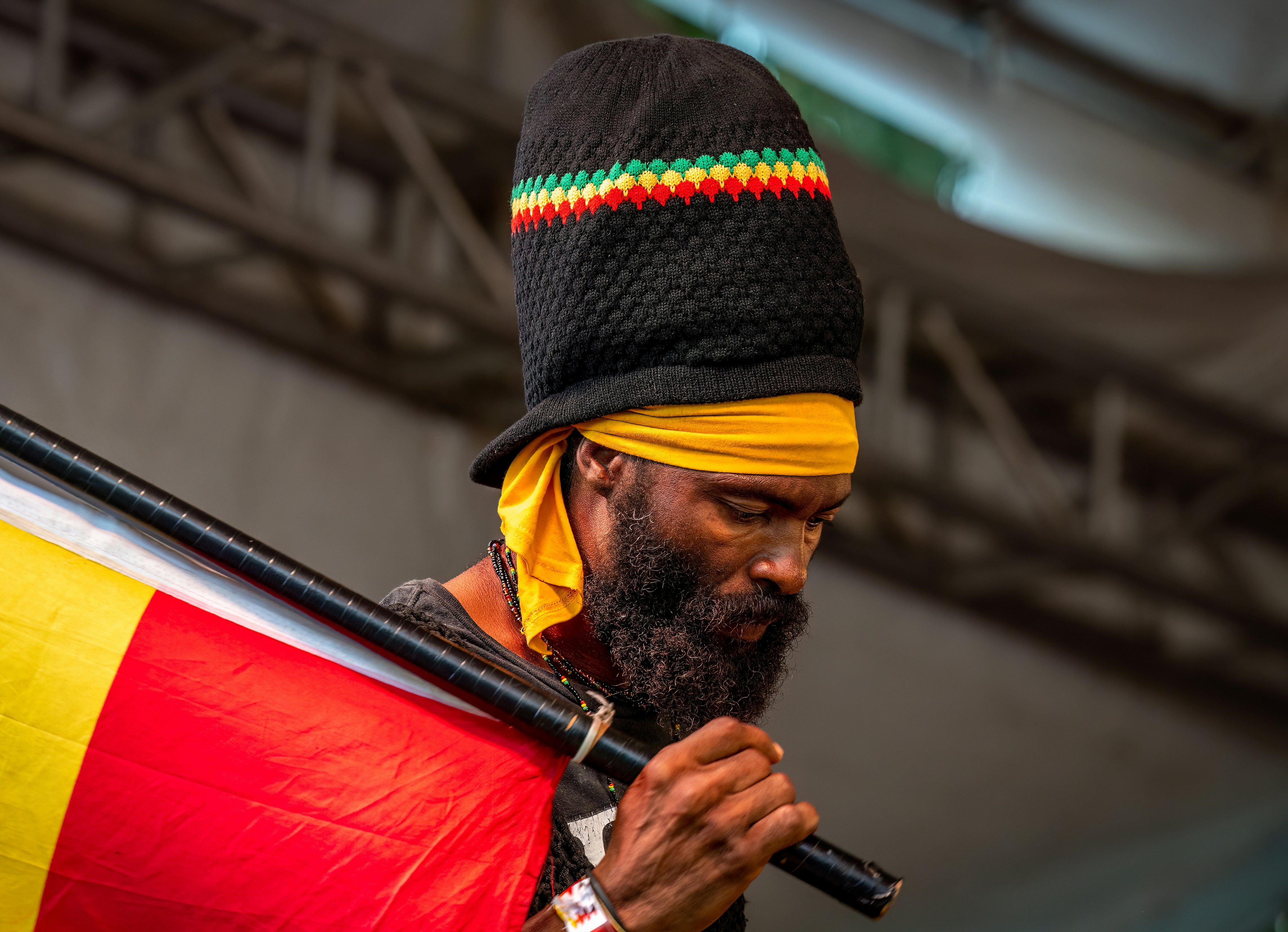 A man with a rastafarian hat and flag.