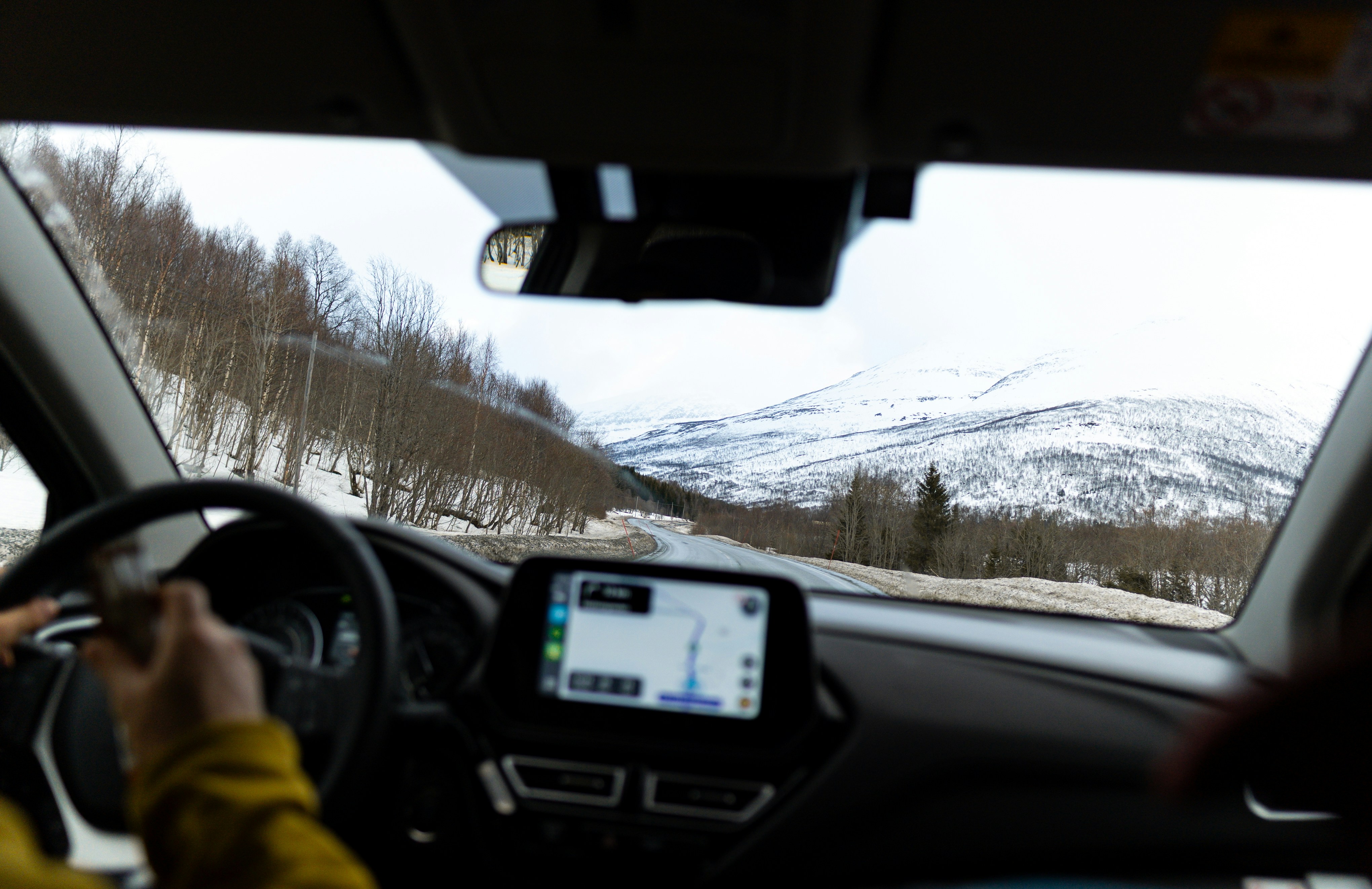 Driving through a snowy landscape, seen from inside.