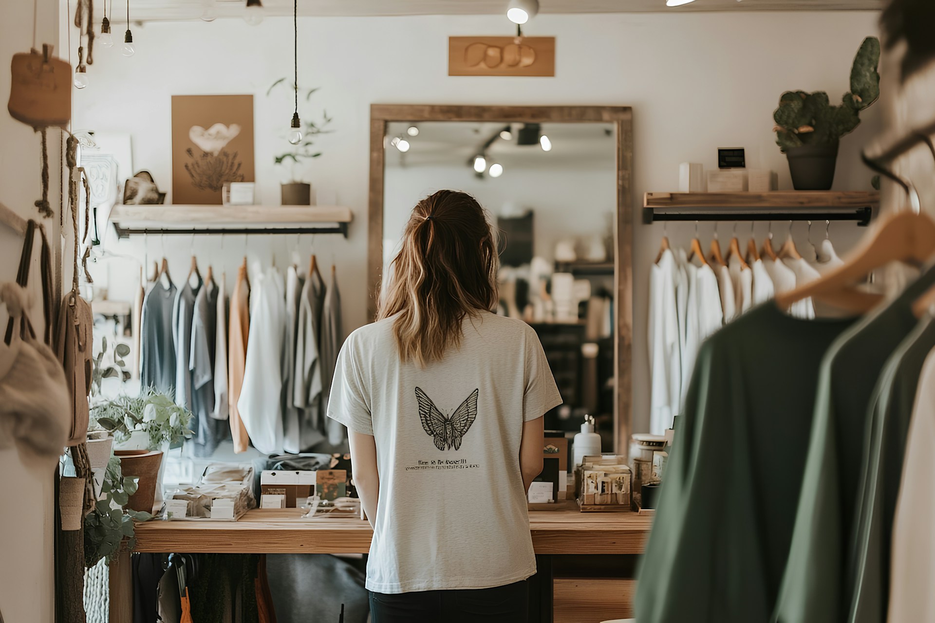 A woman looks at clothes in a stylish boutique.