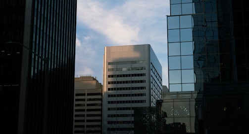 Skyscrapers tower beneath a bright blue sky.