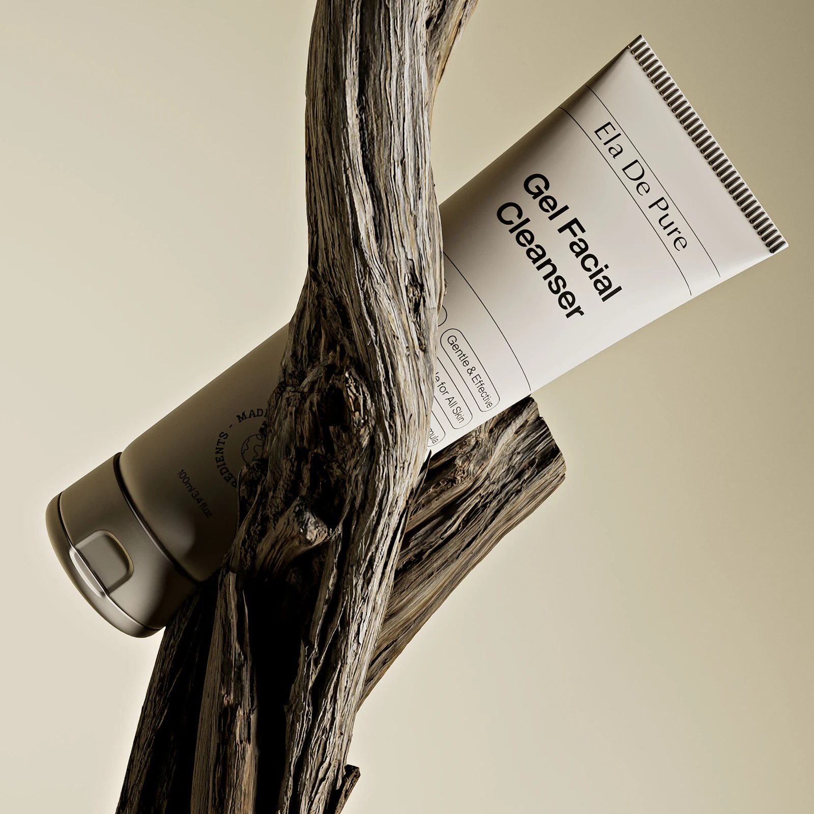 Facial cleanser tube resting on natural driftwood