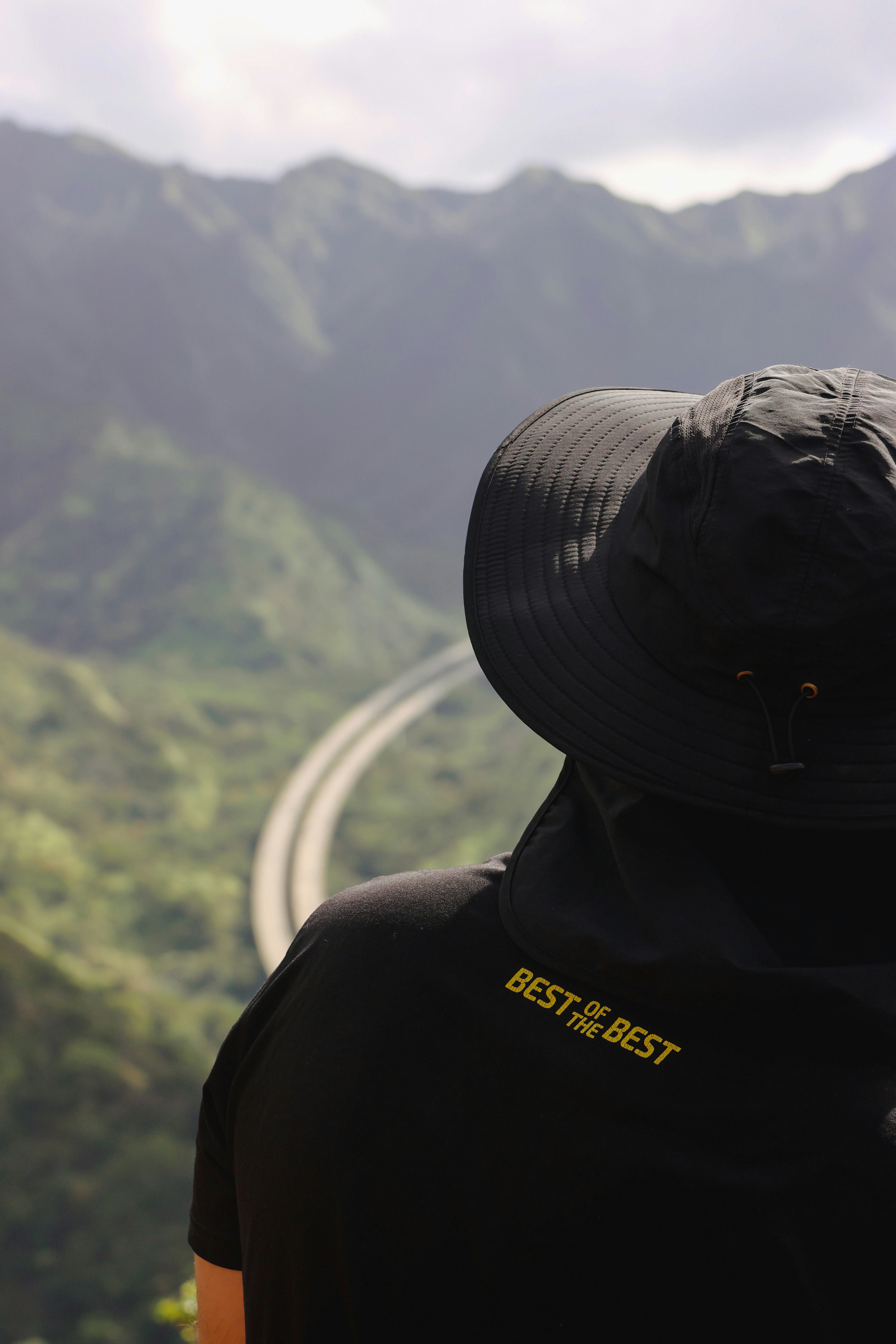 Persona mirando una vista escénica de la montaña.