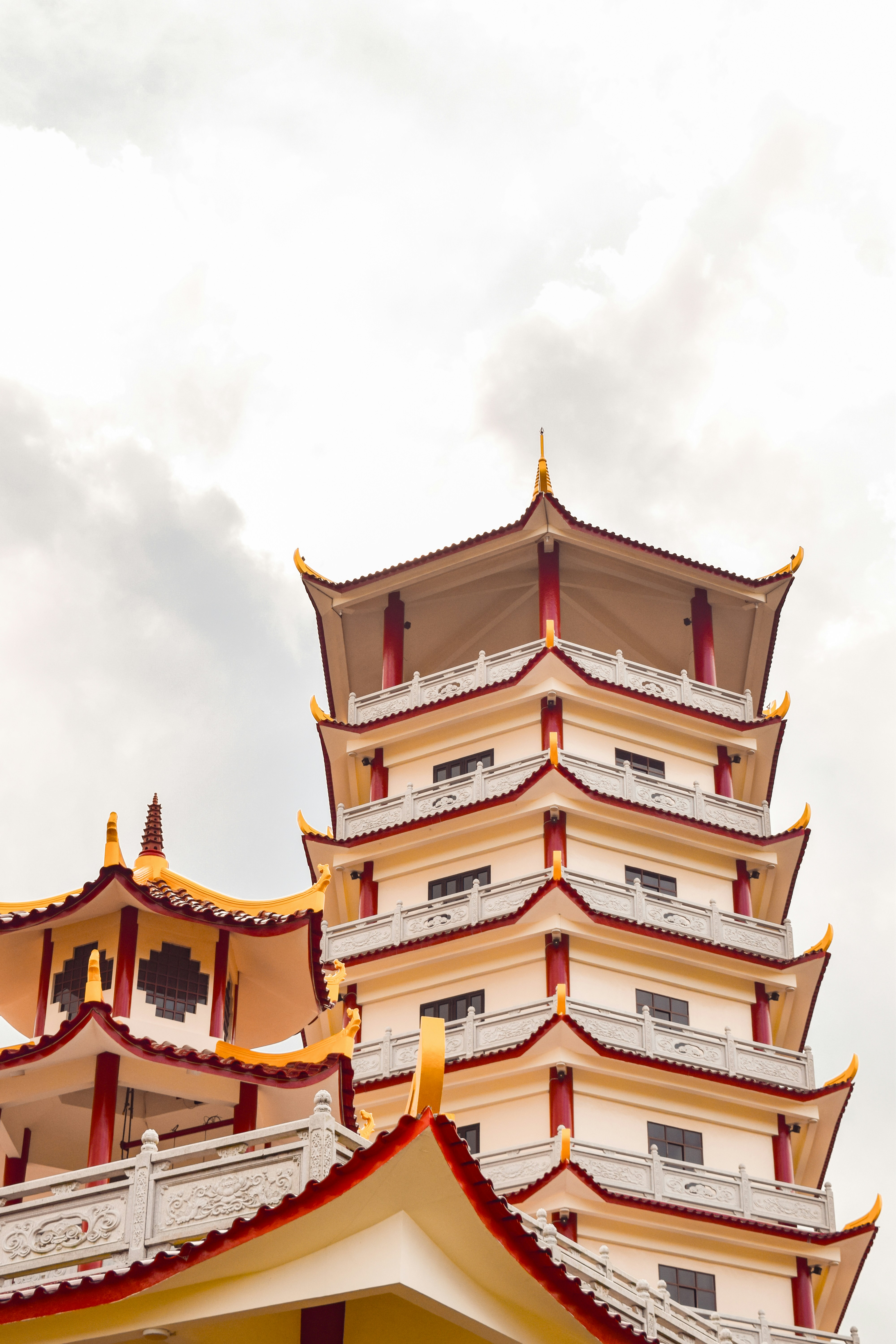 A tall asian temple stands against the sky.