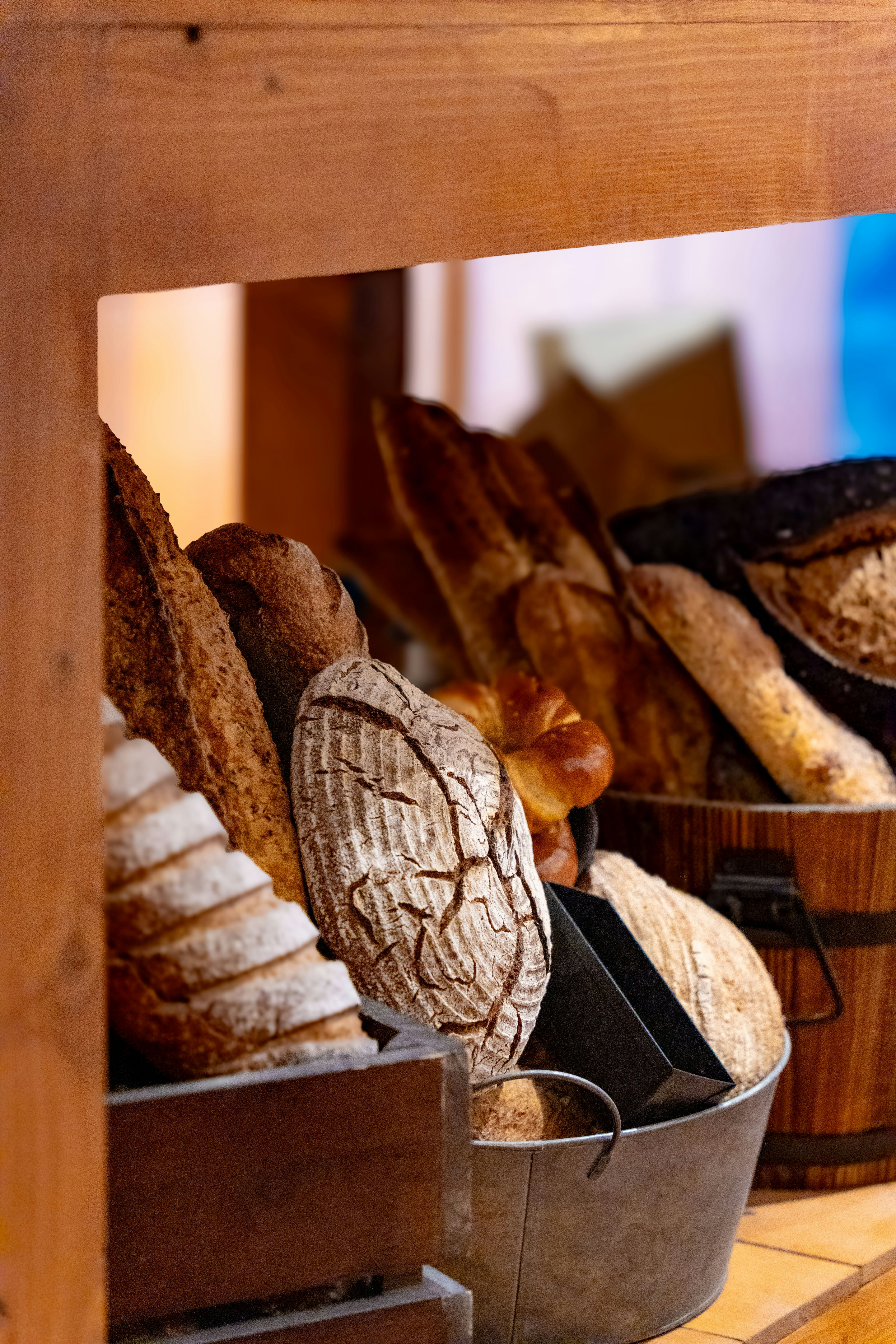 Various loaves of bread are on display.