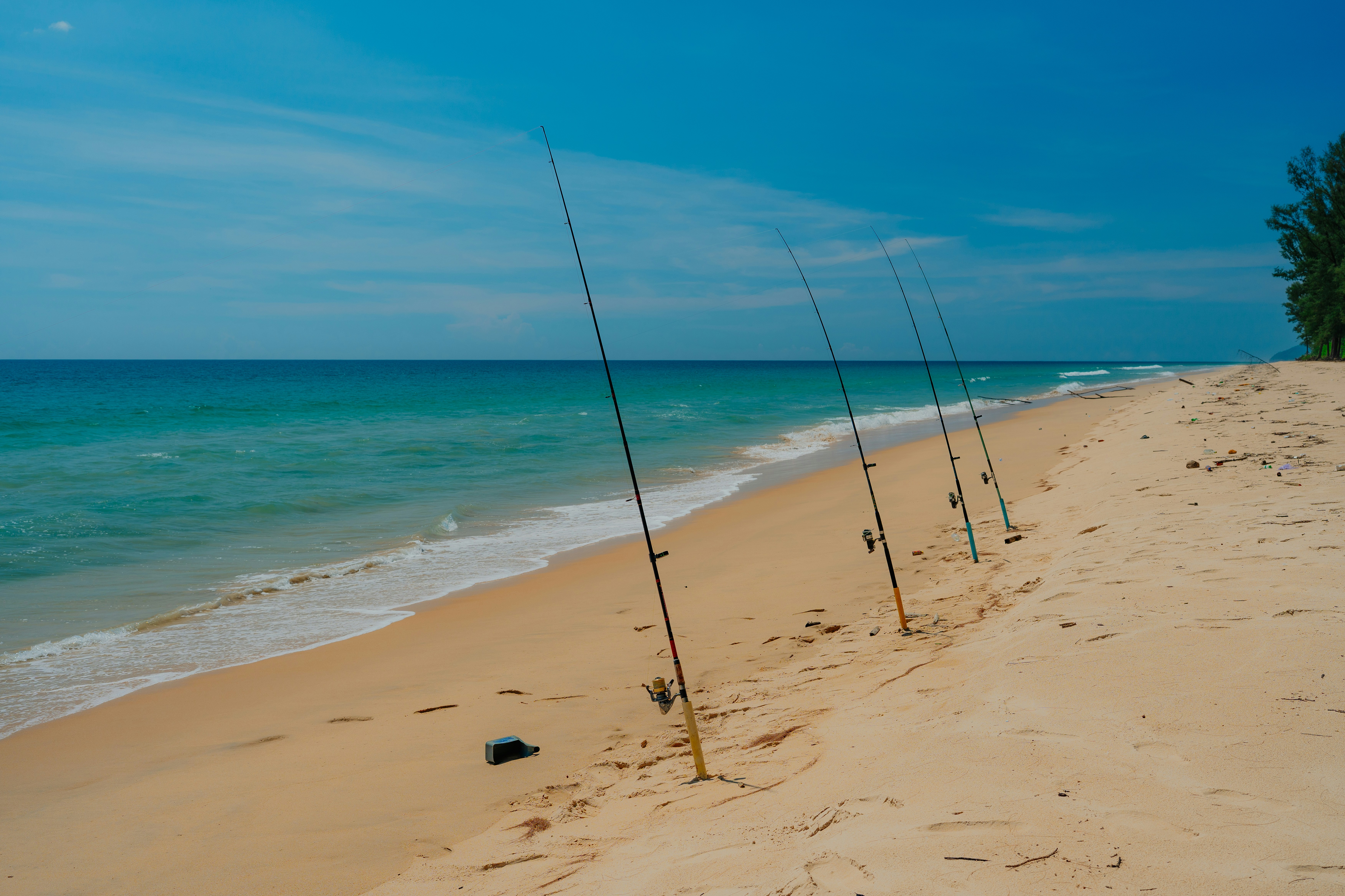 Fishing rods stand in the sand by the beach.