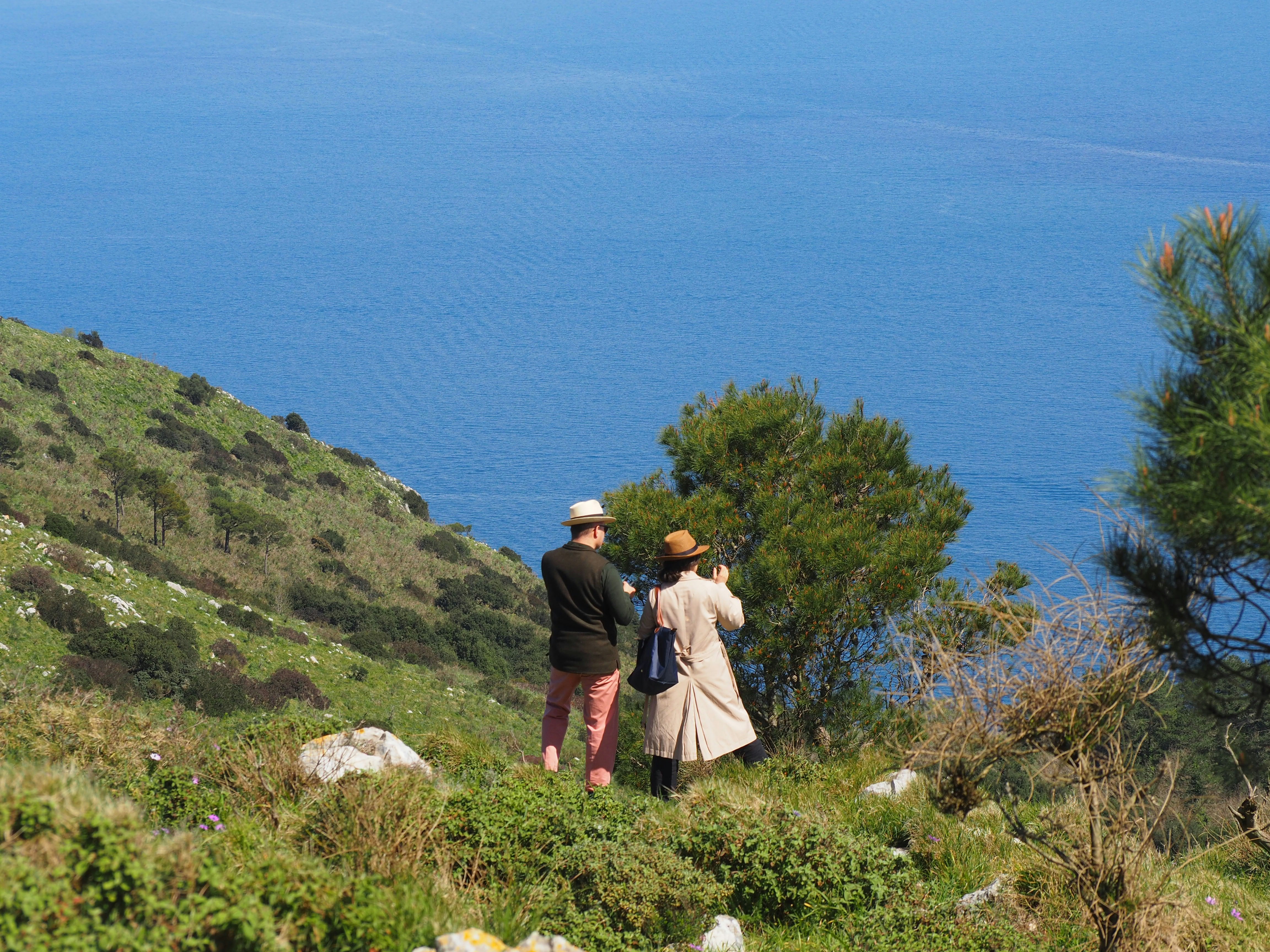 People enjoy a view of the sea.
