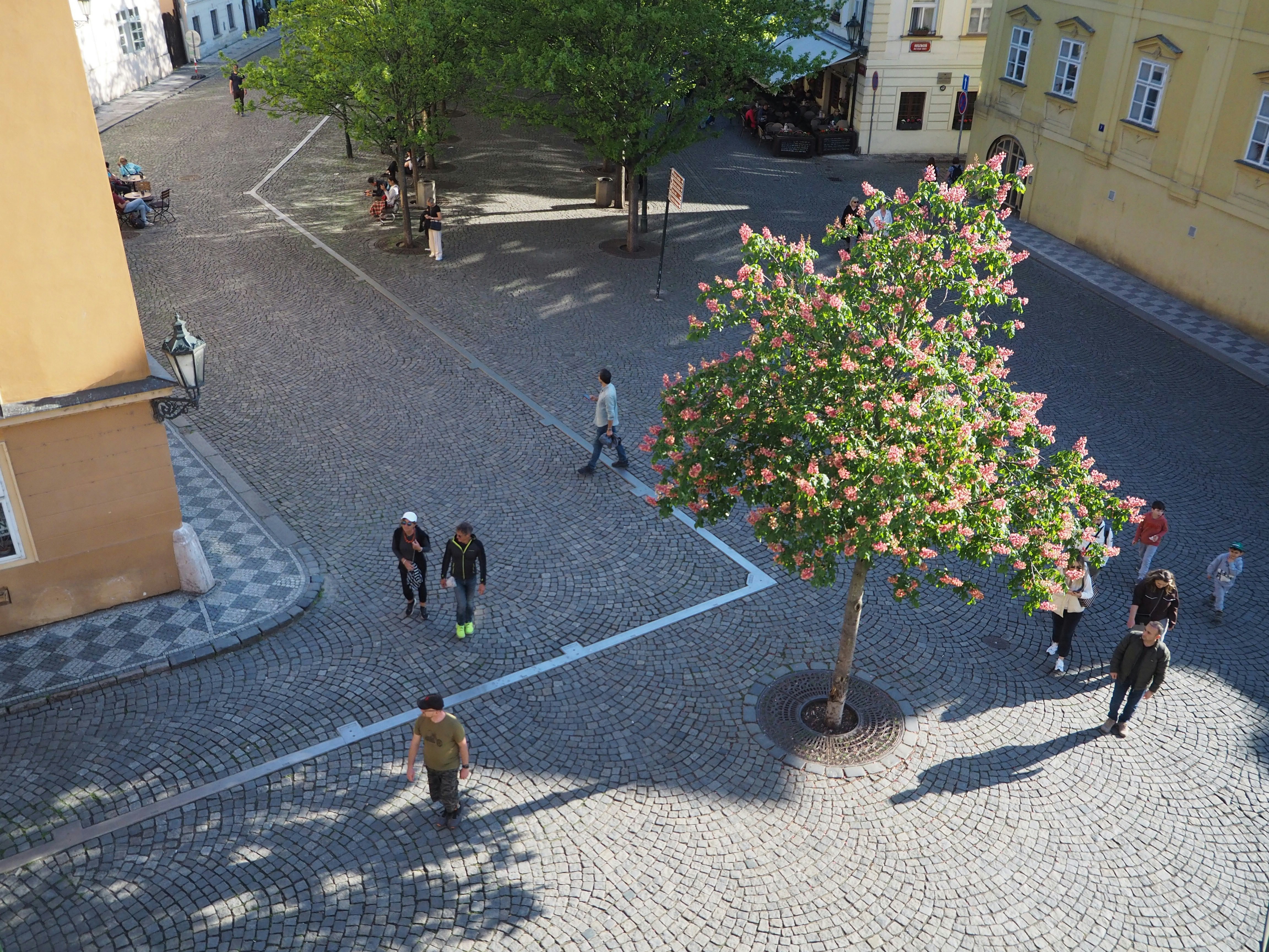 People stroll through a sunny cobblestone square.