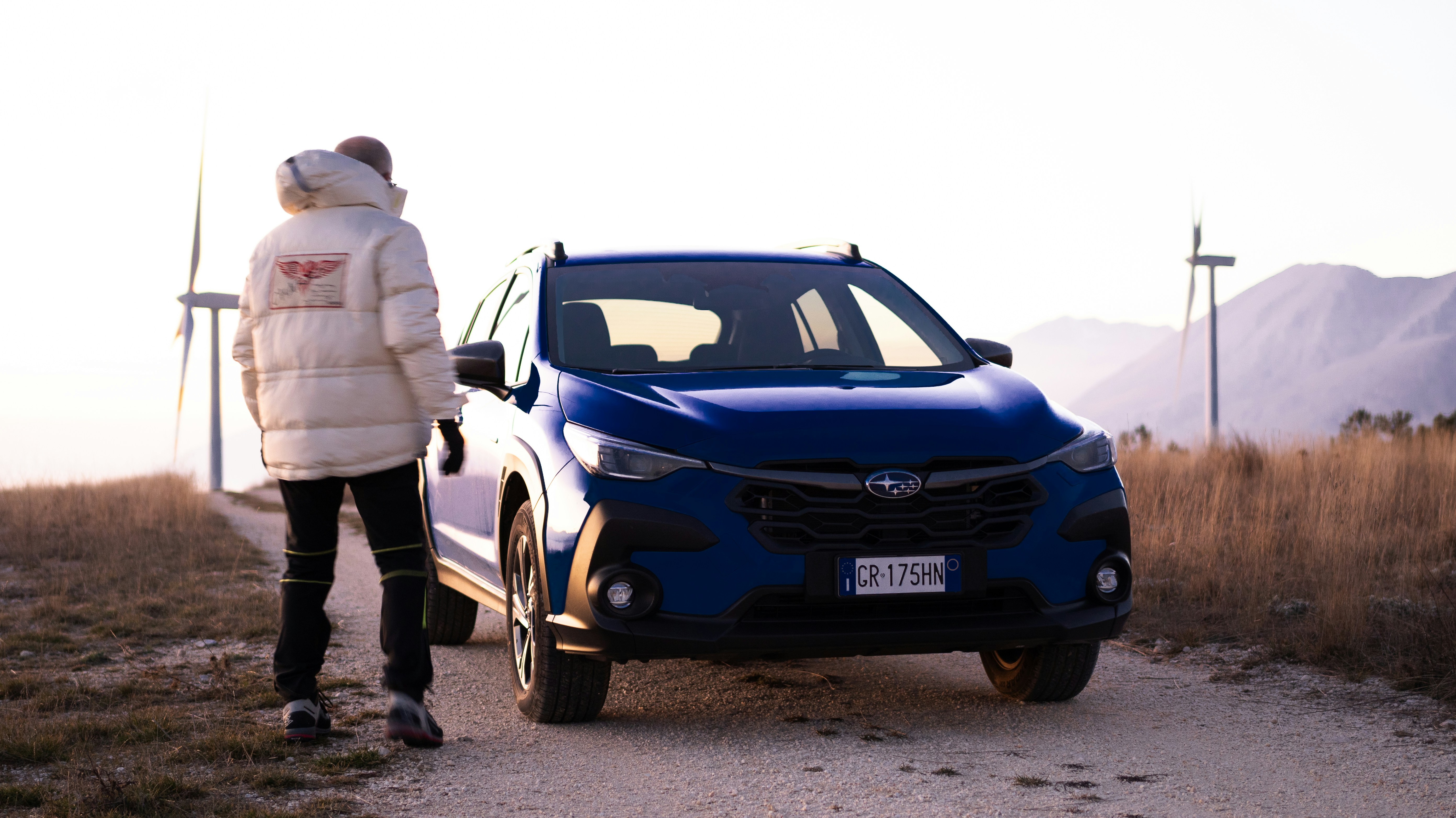 Person stands near a blue car and wind turbines.
