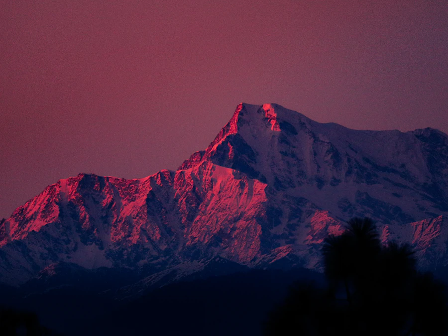 Snow-clad Himalayan peaks lit pink at sunrise from Kausani