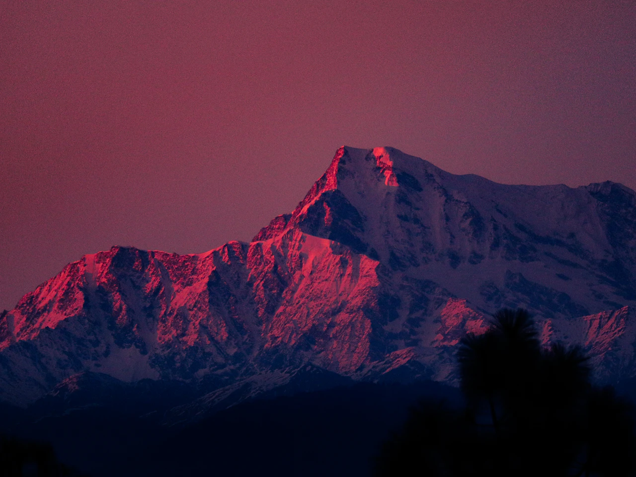 Snow-clad Himalayan peaks lit pink at sunrise — dawn over the Kumaon range