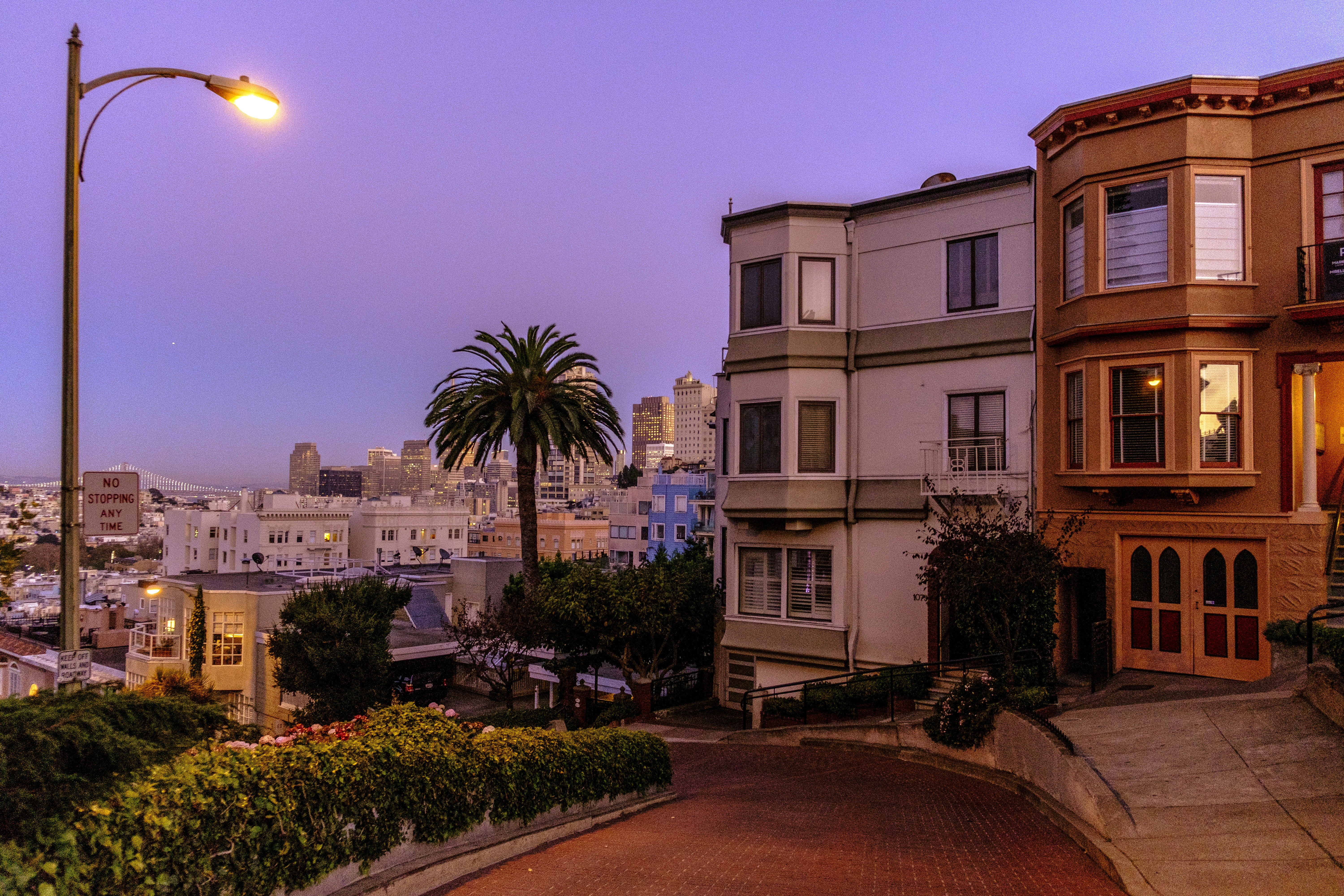 Houses line a san francisco street at dusk.
