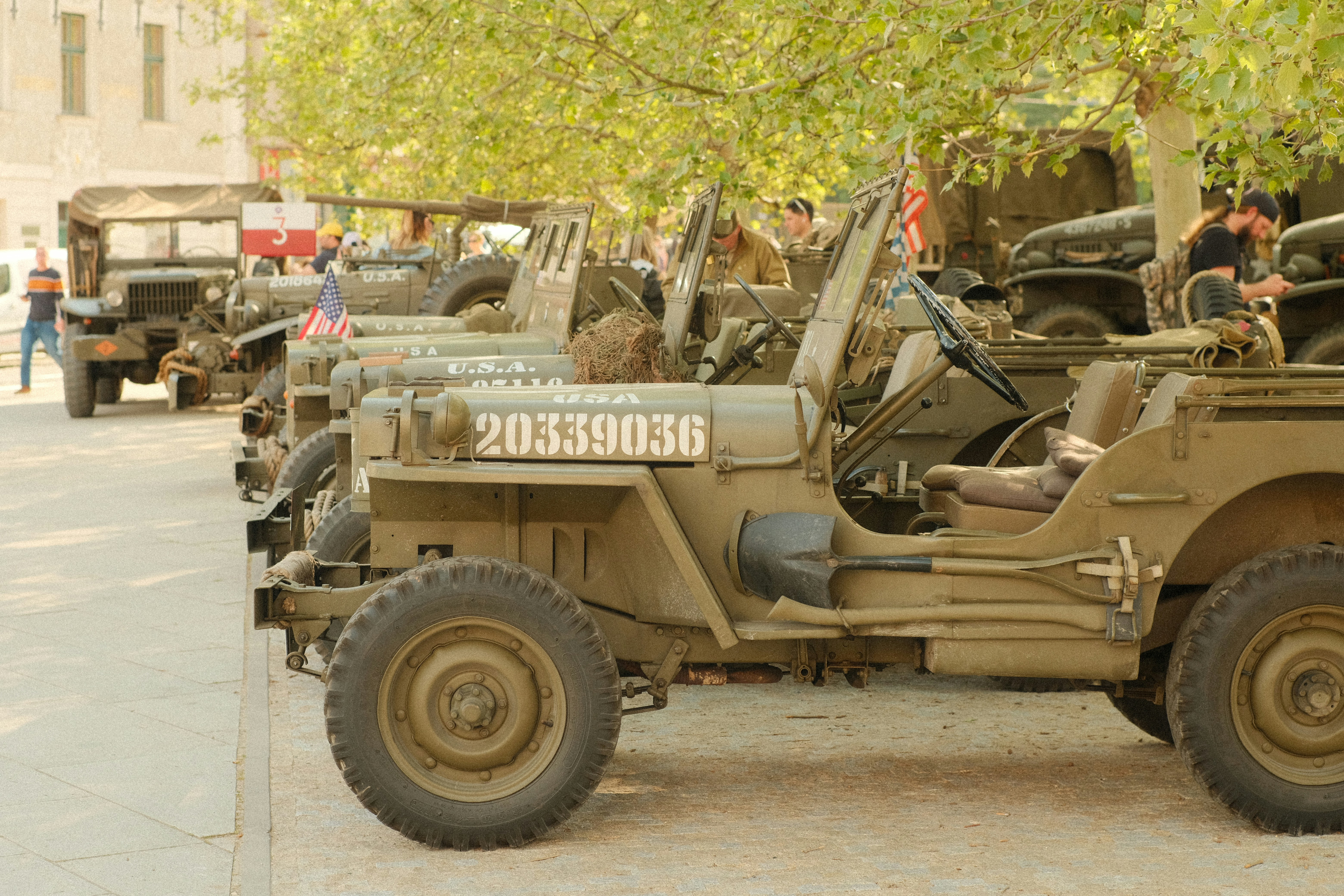 Several vintage army jeeps are lined up.