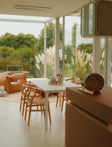 A dining room with views of nature.