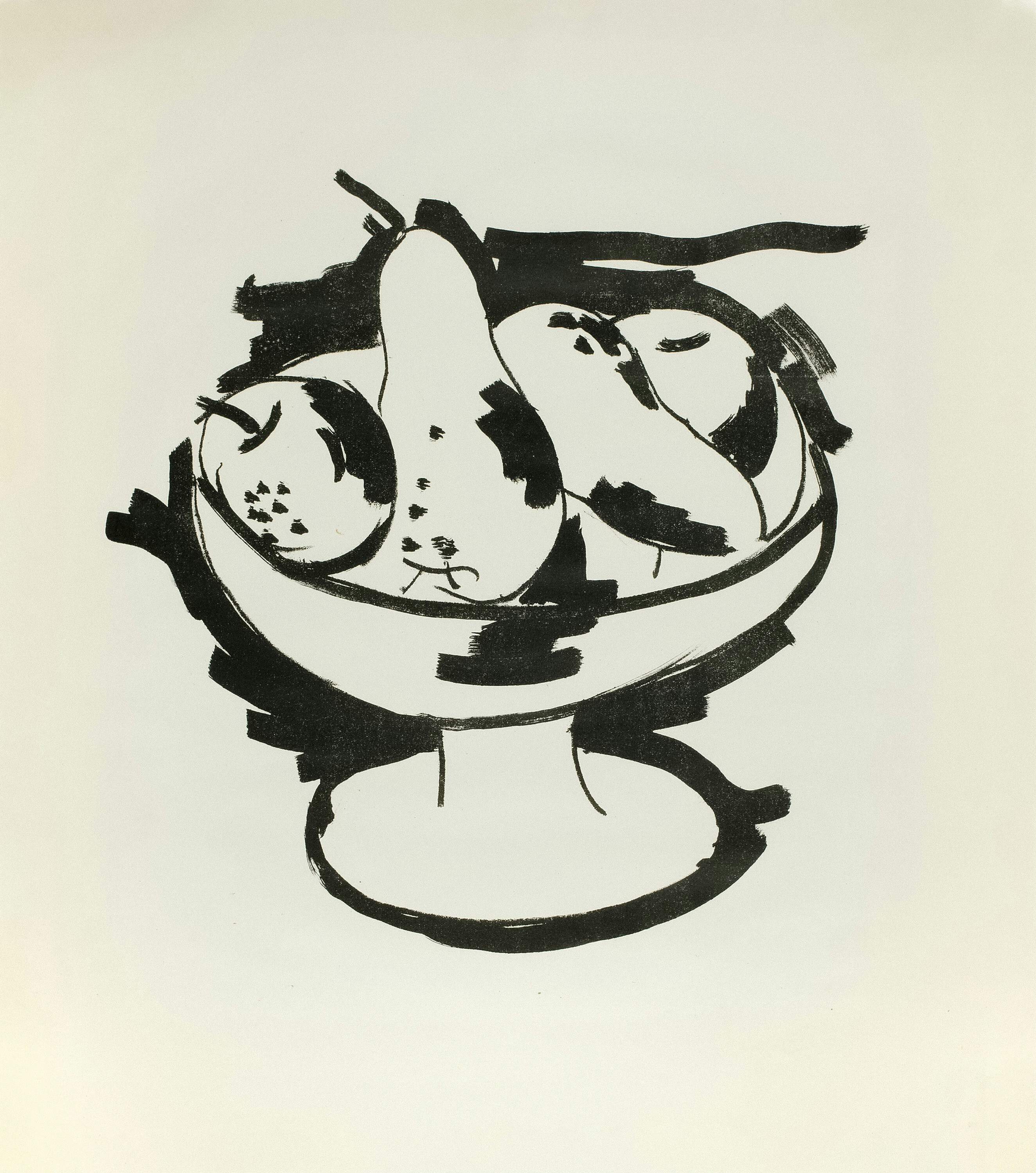 Schizzo di una ciotola di frutta con mele e pere.