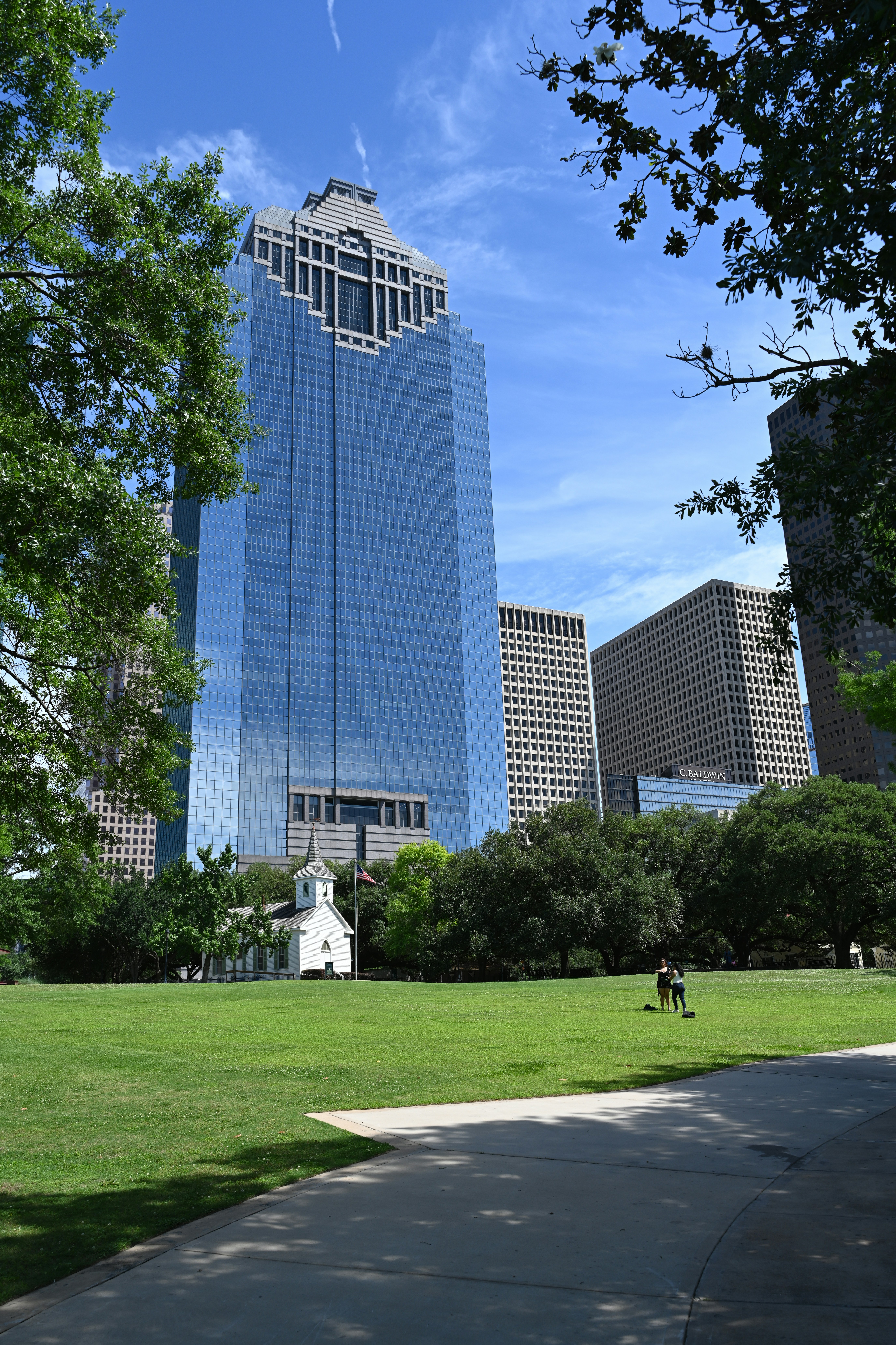 Skyscrapers and a park on a beautiful day.