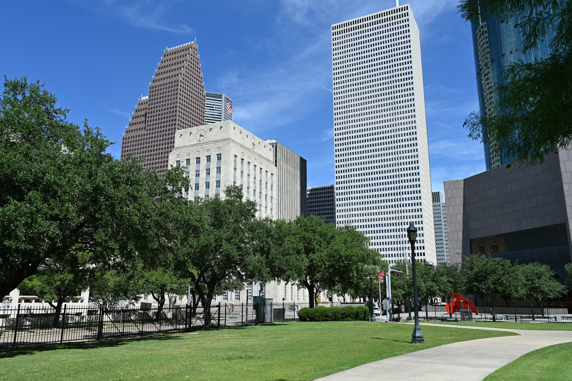 A park with a view of the cityscape.