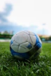 A soccer ball rests on the field's grass.