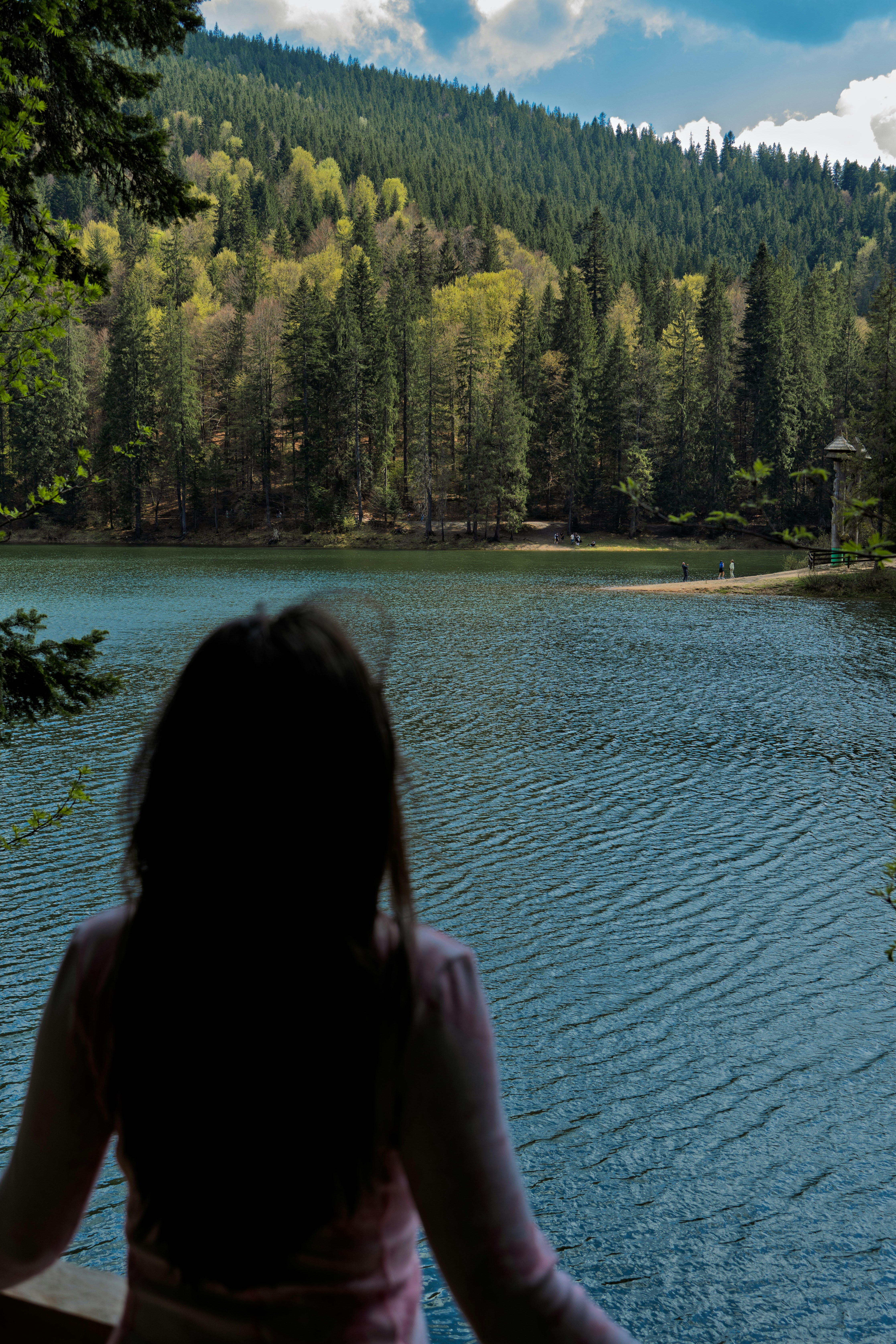 여자는 나무로 둘러싸인 고요한 호수를 바라보고 있습니다.