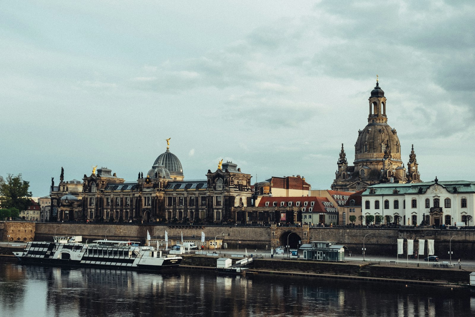 Dresden's old town skyline and the Frauenkirche dome across the Elbe River