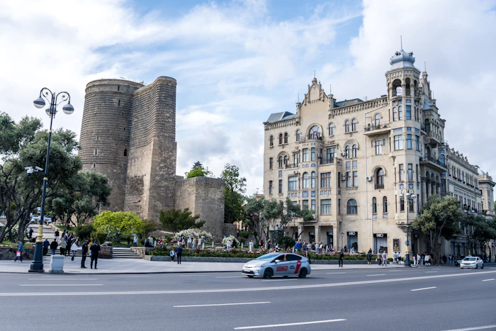 Maiden Tower and the old city walls of Baku