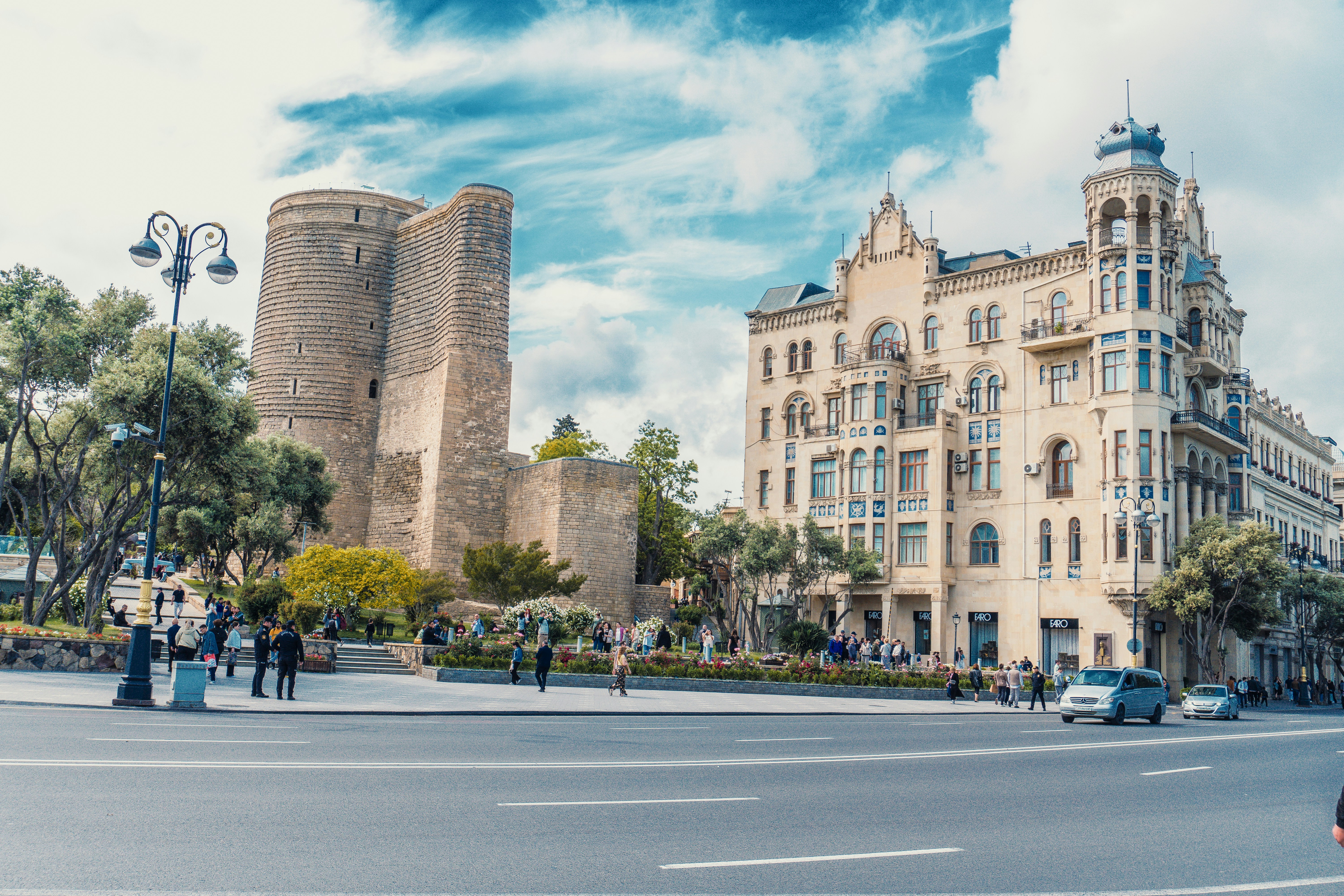 A historic city scene with iconic structures.