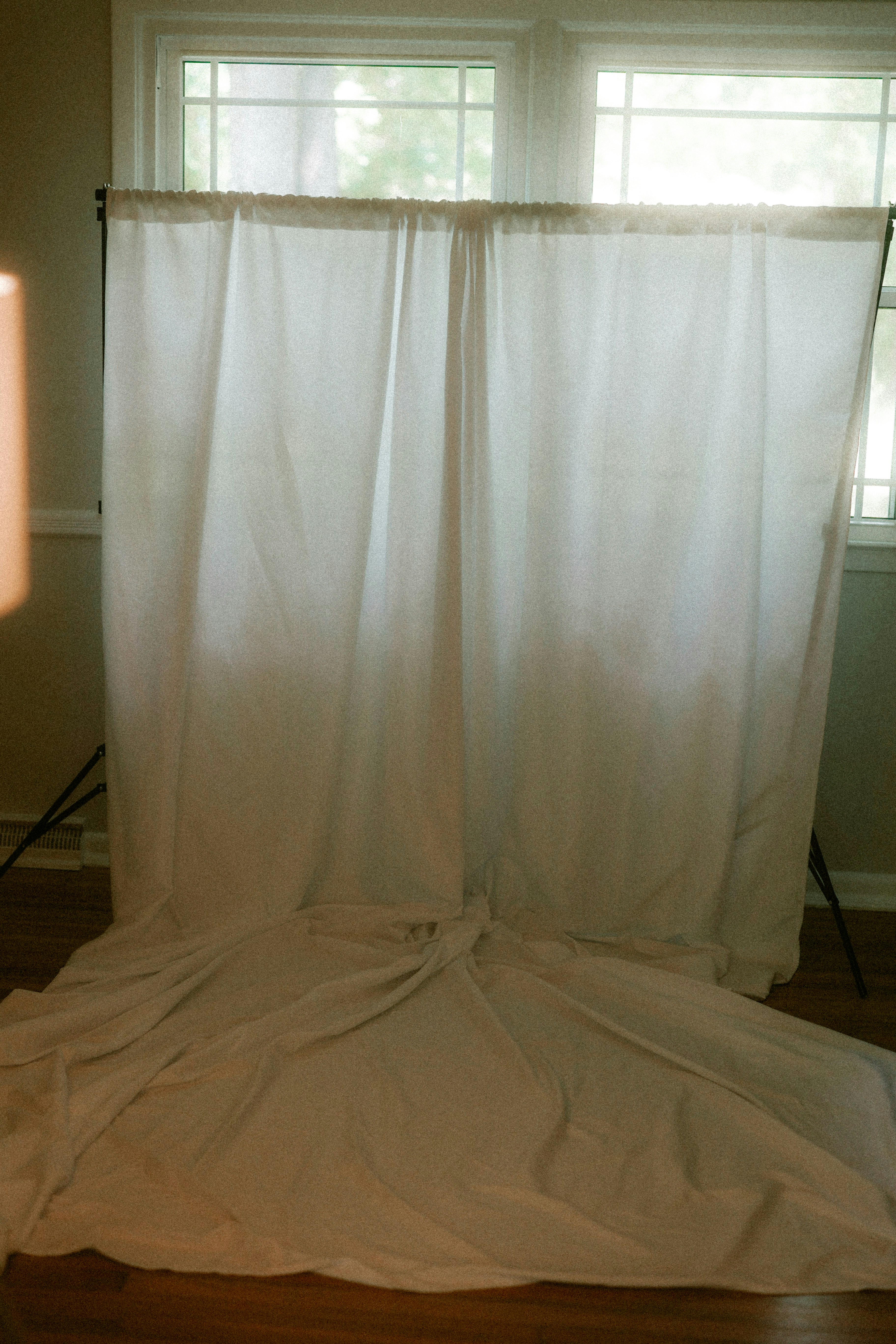 White draped fabric is set up for a backdrop.