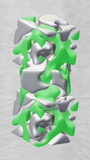 Abstract art with green and silver shapes.