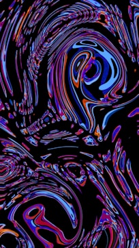 Abstract, swirly, and colorful shapes on black background.
