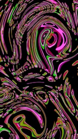 Swirling abstract art in pink, green, and black.